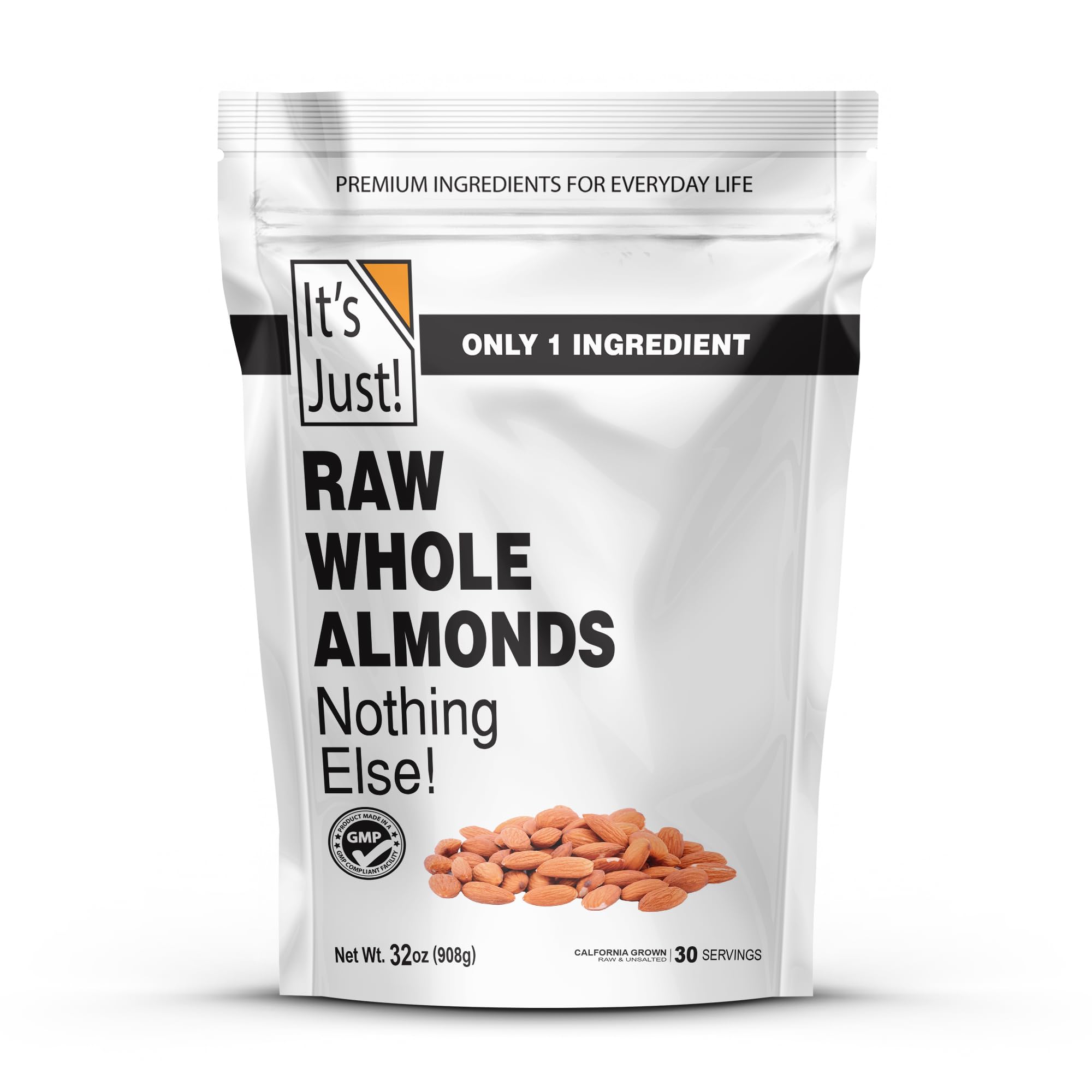 It's Just - Raw Whole Almonds, Grown in California, 32oz (2lbs), Unsalted, Premium Quality, Supreme Grade, Naturally Semi Sweet, Made in USA