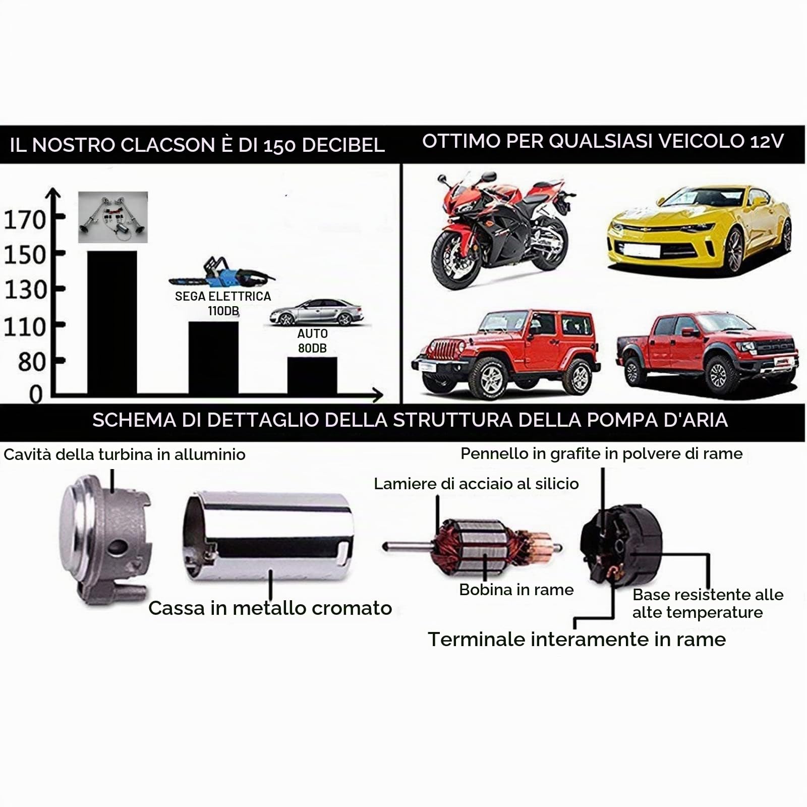Car Horn Tromba argento 165db Clacson per auto Corno d'aria per auto Speaker 24V Tubo doppio zinco cromato Clacson ad aria compressa Air Horn per 24V car yacht ecc