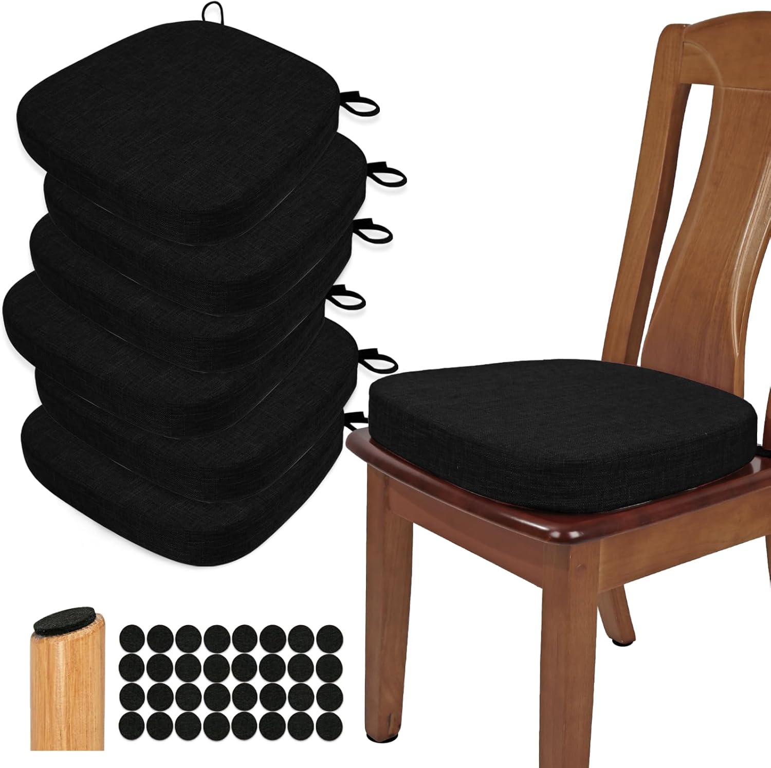 BUYUE Thickened 2.5" Dining Chair Cushions Set of 6, U-Shape High Density Foam Comfortable Chair Pads for Kitchen, Slip Resistant Indoor Seat Cushions (6 PCS, Black) Black 6
