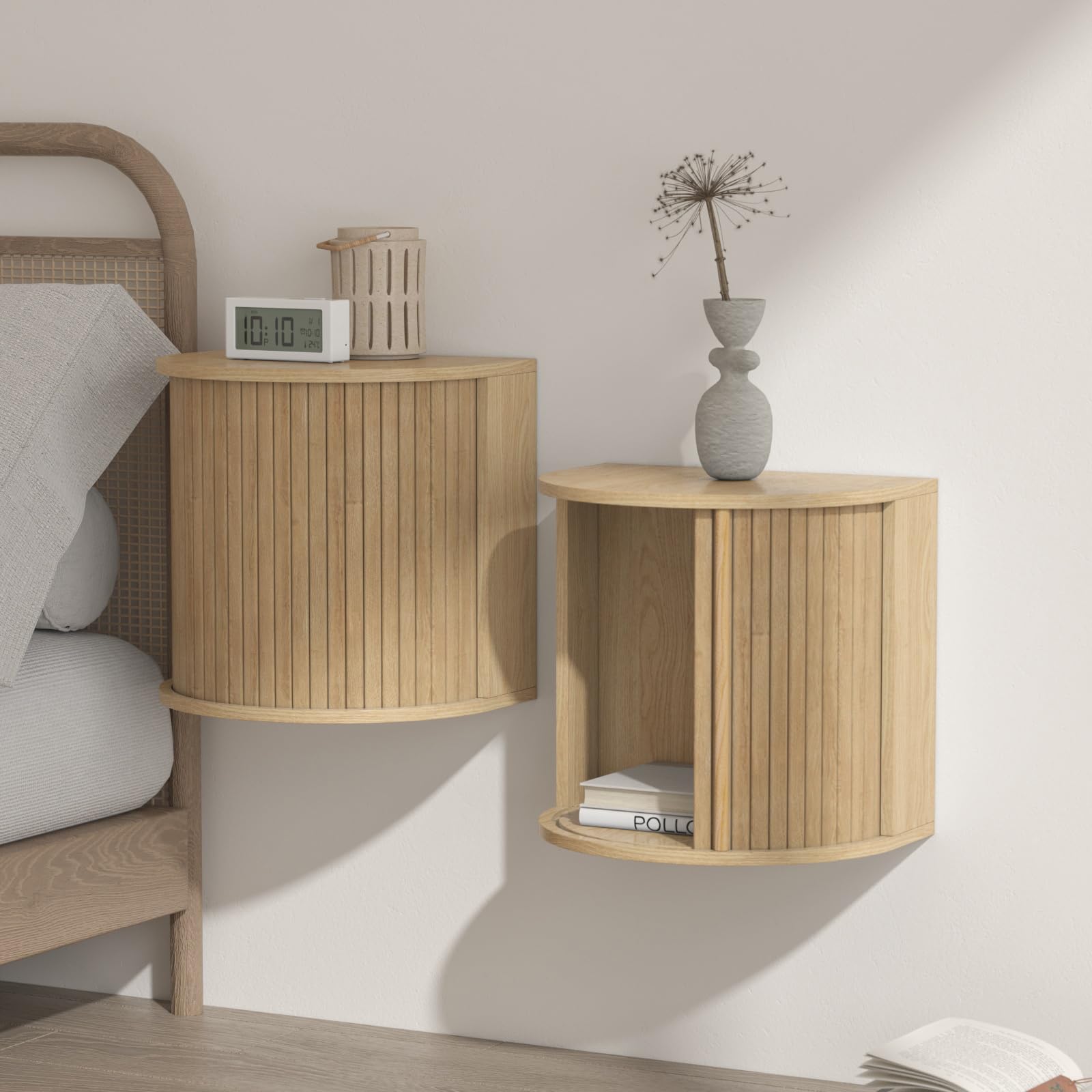 Wooden Floating Nightstand Set of 2,Curved Wall-Mounted Small Space Bedroom Bedside Table with Fluted Sliding Roller Shutter Door Design,Save Floor Space,Suitable for Bedroom(Wood color-01)
