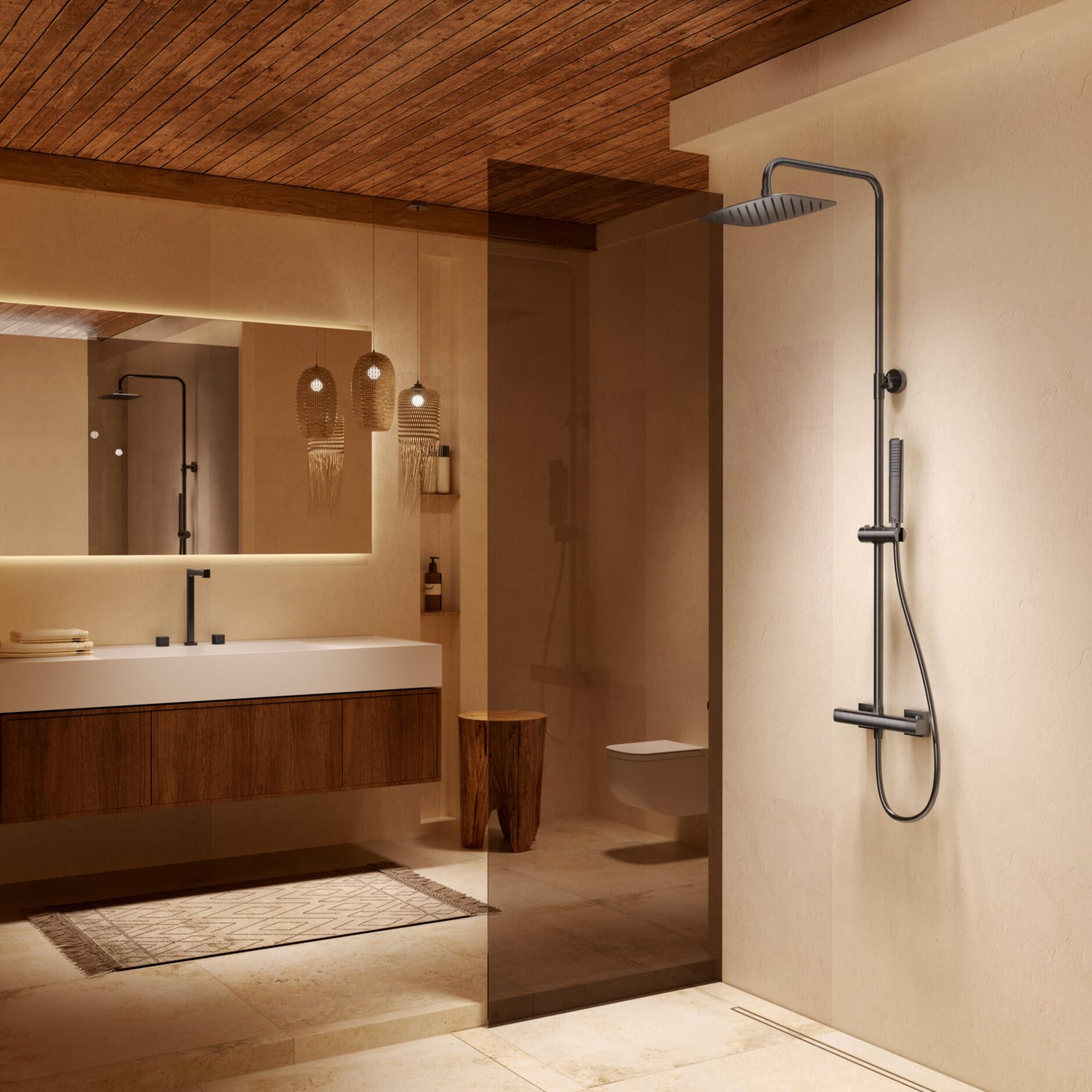 IMEX - Columna Ducha Termostatica Níquel con Grifo | Conjunto de Ducha con Alcachofa y Rociador Antical Efecto Lluvia | Griferia en Latón y Acero Inox S.304 con Barra Extensible | Serie Firenze