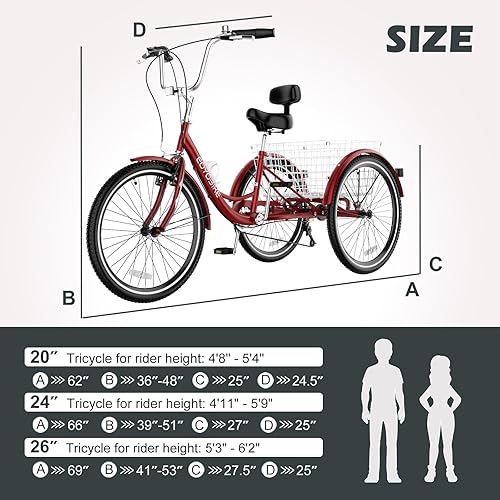 Miniatura 66 de ABORON Triciclo para adultos, bicicleta de 3 ruedas para adultos, triciclo para adultos, llantas de doble pared, triciclo para mujeres y hombres
