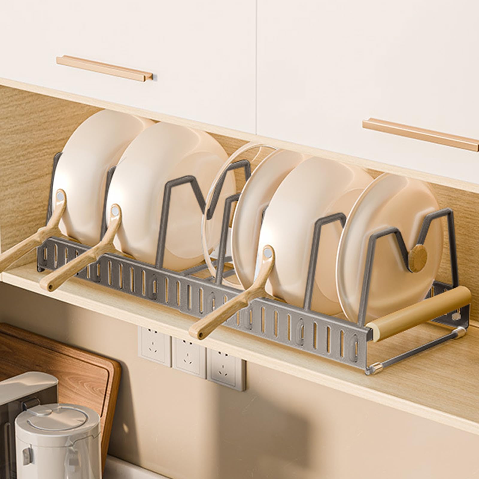 Confezione da 1 organizer per coperchi in acciaio inox all'interno dell'armadio con 7 divisori regolabili – organizer per coperchi di pentole e padelle, lunghezza totale 57,5 cm (grigio)