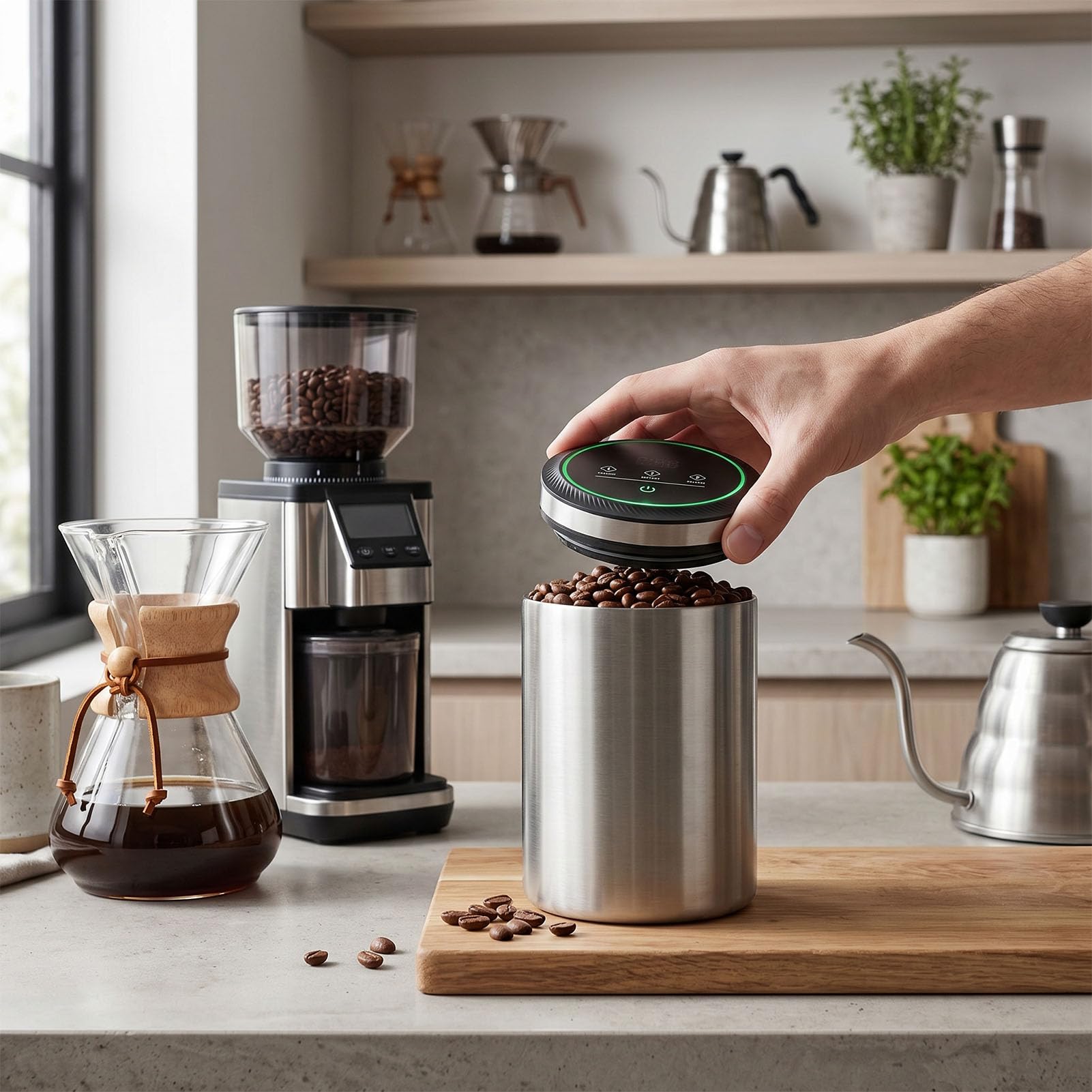 Aramox Contenitore Automatico per caffè Sottovuoto Contenitore Ermetico per Alimenti in Acciaio Inossidabile 2000mAh 20 X 12,5 Cm per Chicchi di caffè Farina Home Office