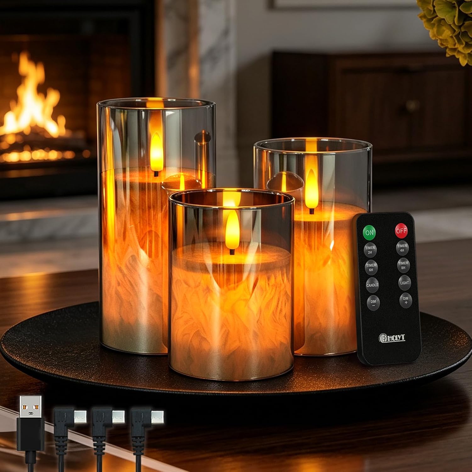 LEDHOLYT Grey Glass Rechargeable LED Flickering Flameless Candles