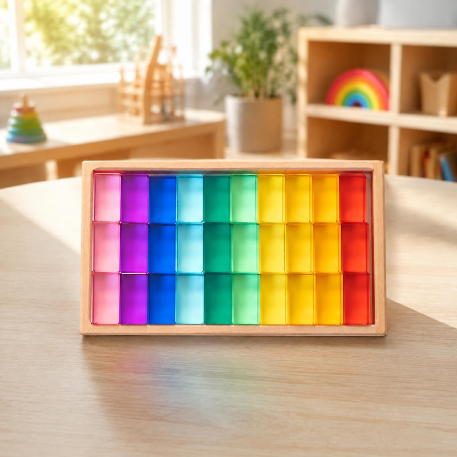 30 Pezzi Blocco da Costruzione con Vassoio in Legno Liscio Blocco Acrilico Trasdo Colorato Giocattolo Educativo per Bambini, Stile B