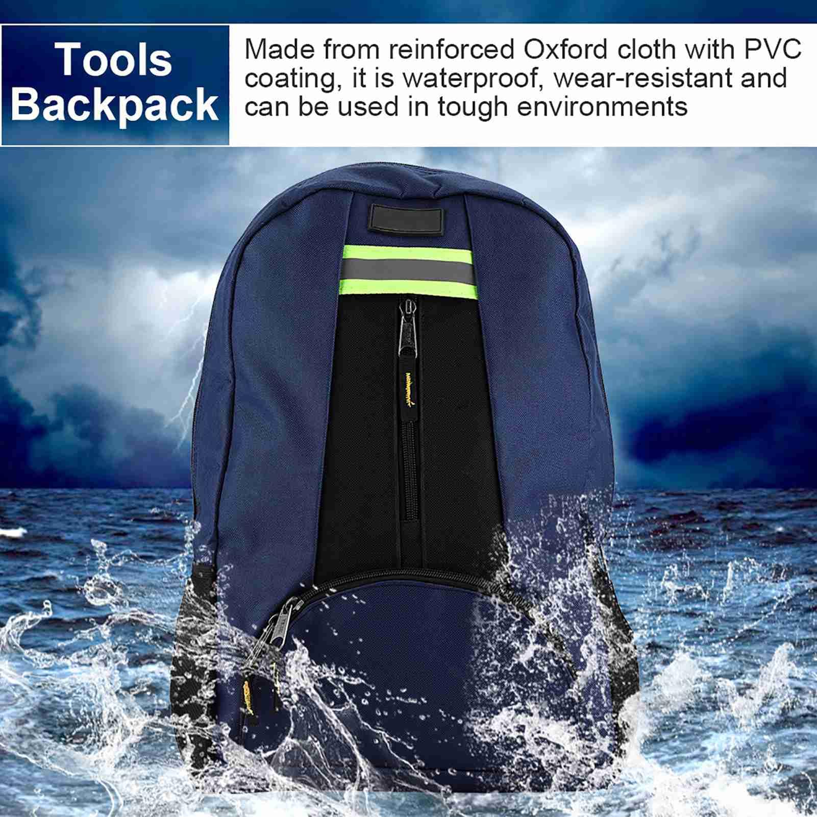 Sac à dos sac à outils, tissu Oxford 1680D avec revêtement PVC, rangement soigné, sac à dos réglable multi-poches pour outils, sac de rangement pour sac résistant à l'usure électricien réparateur
