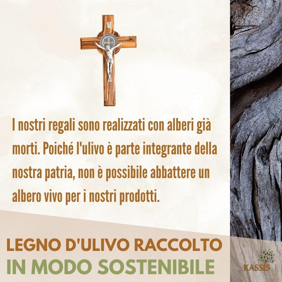 KASSIS Crocifisso di San Benedetto fatto a mano - Croce da parete in legno d'ulivo 16 cm - Regalo per nascita, battesimo, cresima e comunione - Decorazioni religiose per la casa