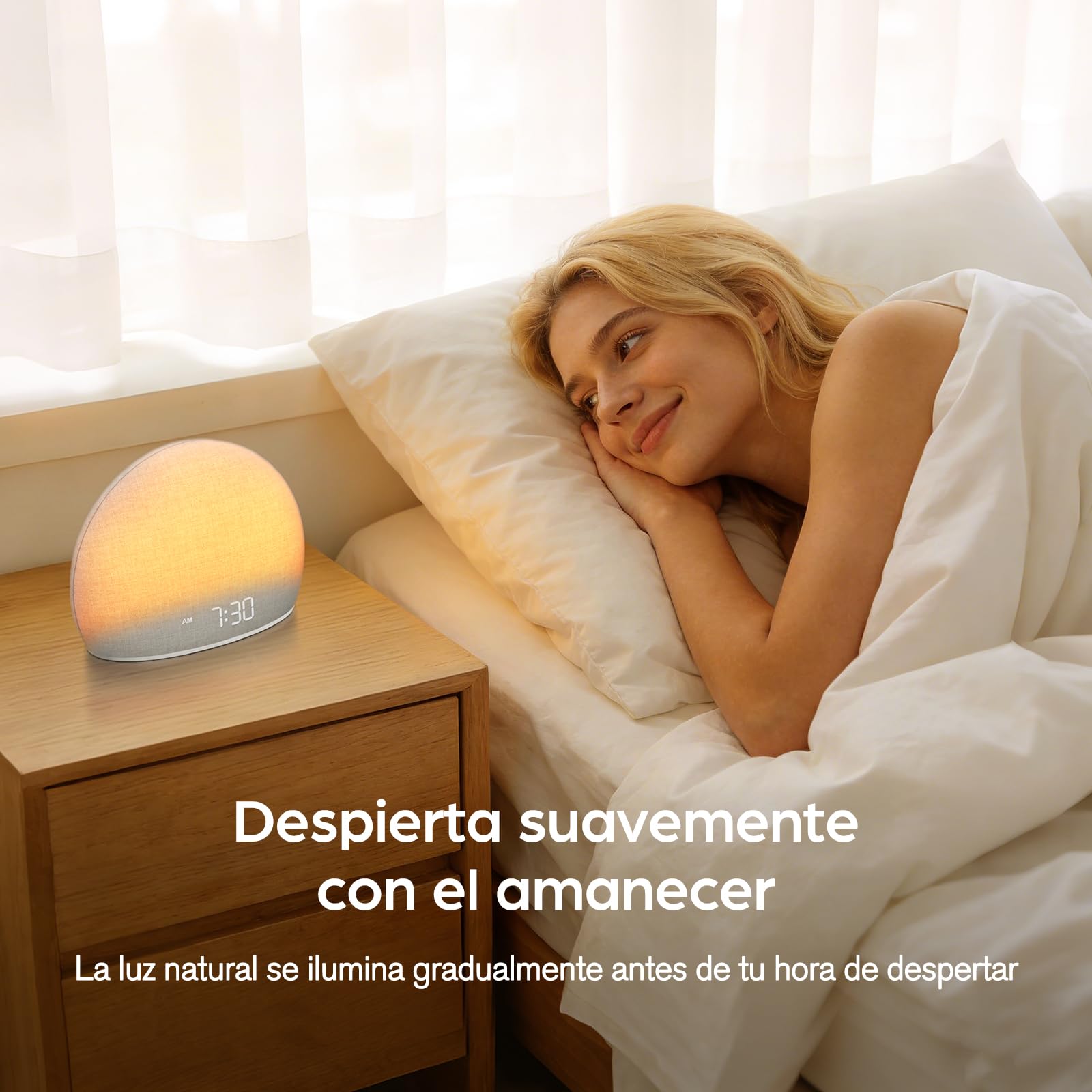 DOUMOSH Despertador con Luz de Amanecer y Máquina de Ruido Blanco | Luz Natural con Alarma Suave, 20 Sonidos Relajantes, Pantalla Regulable, Diseño sin Pantalla