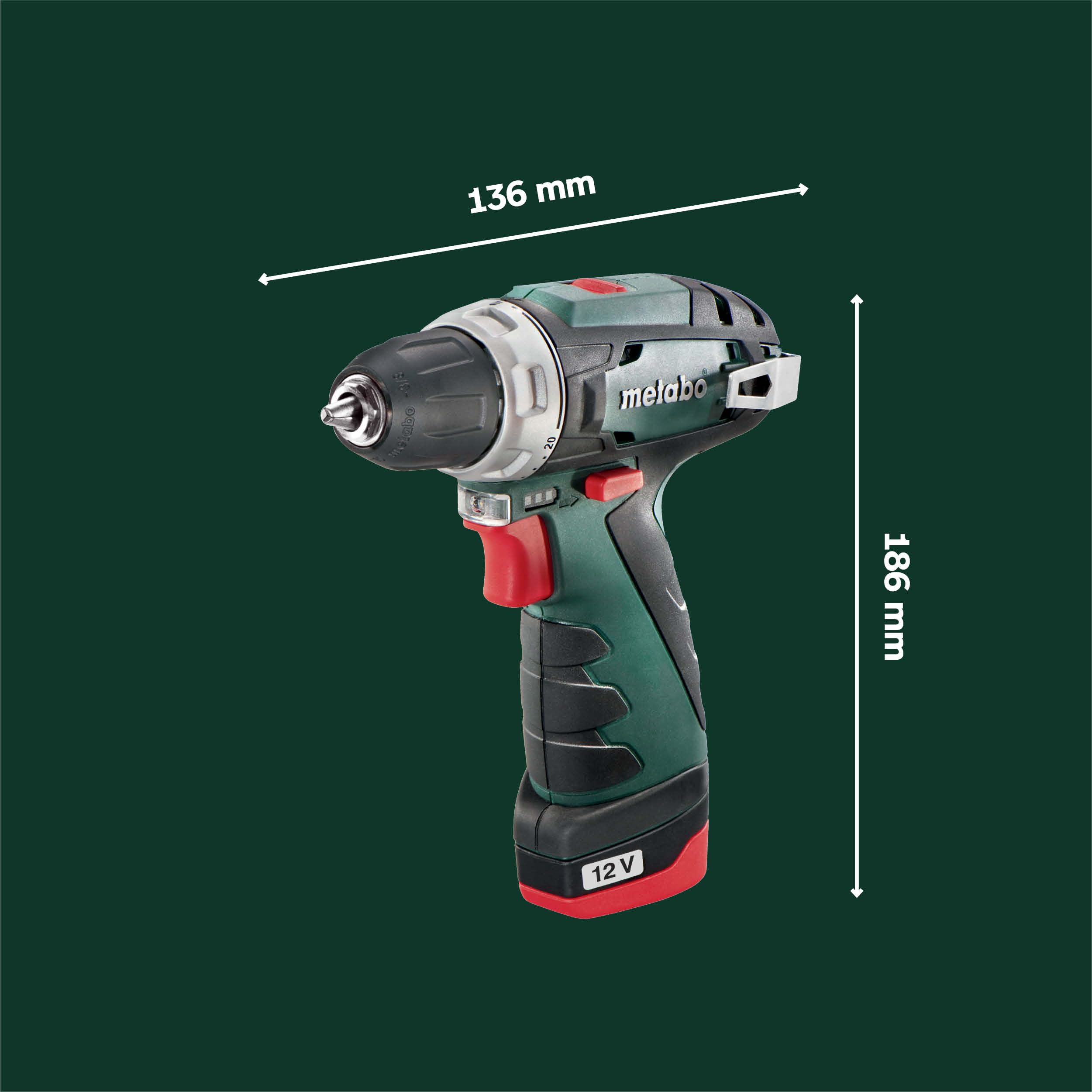 metabo PowerMaxx BS Basic, 12 V Akku-Bohrschrauber mit 2x 2,0 Ah Akkus | Inklusive 2 Akkus, Ladegerät und Koffer, kurzes Design mit Magnet-Spindel, Kapazitätsanzeige, Gürtelhaken, Multi-Color