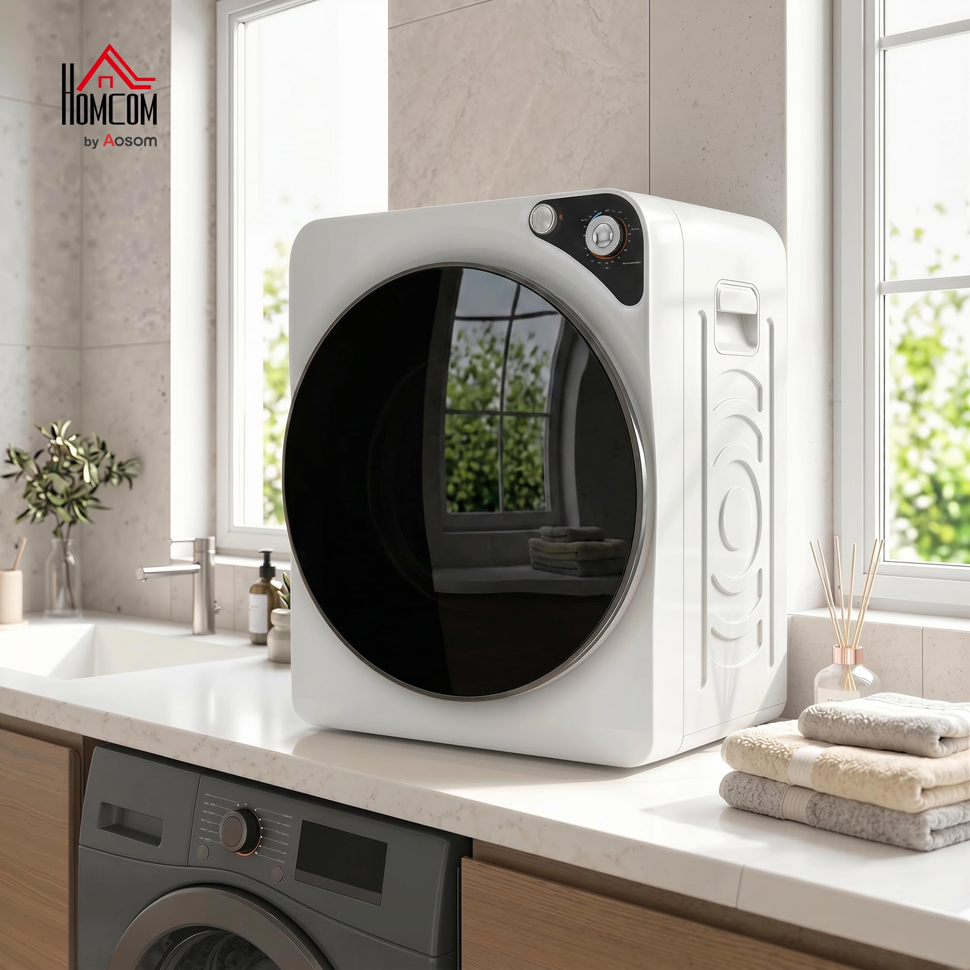HOMCOM Mini Asciugatrice Portatile 5 kg, 5 Programmi, 1000W Asciugatrice Compatta, Carica Frontale, Fino 60℃, Impilabile/Autoportante, Timer, Tamburo in Acciaio Inox, per Casa, Bianco