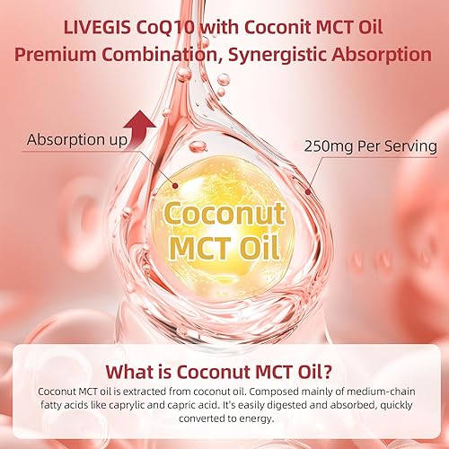 Miniatura 6 de Cápsulas blandas CoQ10 de 200 mg, Ultra CoQ10 Ubiquinona 200 mg con aceite de coco MCT, absorción superior 5X, suplemento de coenzima Q10 para salud