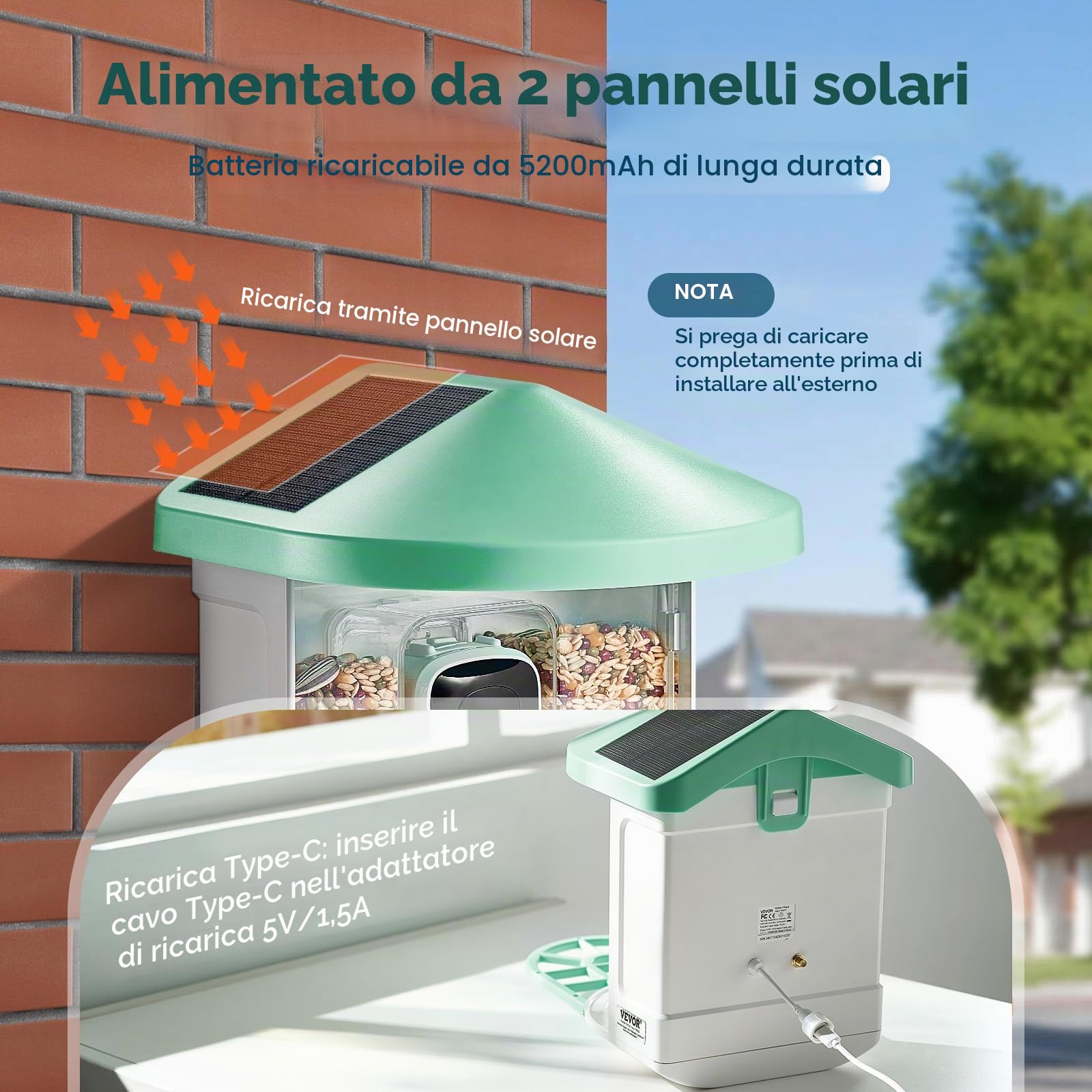 VEVOR Mangiatoia per Uccelli Intelligente con Telecamera, 2K HD AI Identifica Oltre 10000 Specie di Uccelli, Energia Solare con Acquisizione Automatica e Notifica Istantanea 2 Pannelli Solari Verde