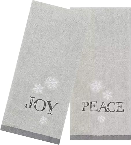 Juego de 2 toallas de mano de baño de Navidad, juego de 2 toallas de terciopelo de rizo de algodón gris con alegría bordada, paz y copos de nieve