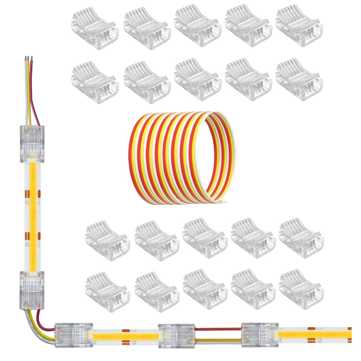 Amefil 3-Pin 10 mm CCT COB LED Strip Connector for 10 mm Strip to Cable and 5 m 22AWG Extension Cable with 3 Wires for 5 V, 12 V, 24 V LED Strip Lights Jumper