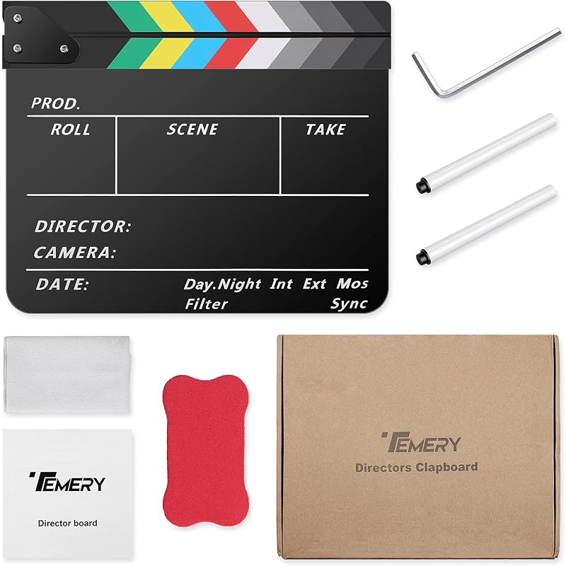 Temery Professzionális Filmklapk 30x25 cm - Akril Csapó Tábla Filmezéshez, Mágnessel, Tisztító Készlettel, Fekete Hollywood Stílusú Videó Ke