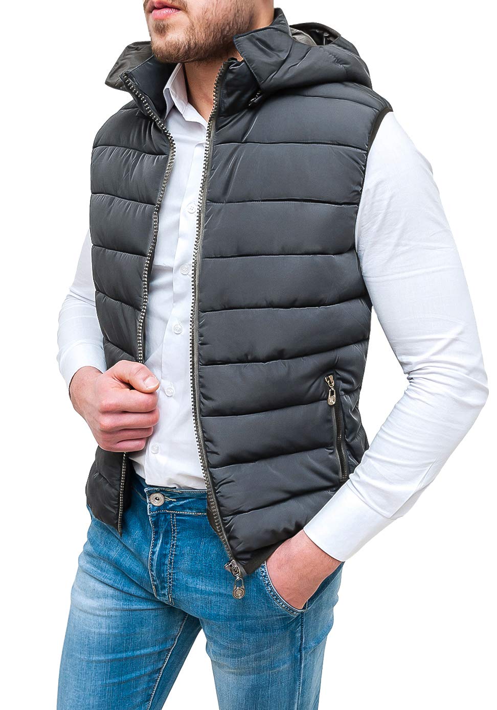 Evoga Chaqueta de plumón para hombre, Slim Fit, color azul, chaleco bomber sin mangas con capucha