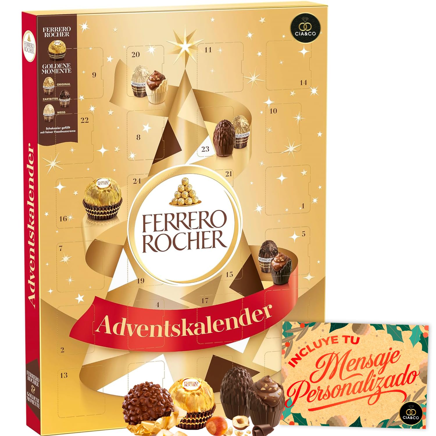 Calendario de Adviento FERRERO ROCHER 2025 Golden Moments Gran Familia + Tarjeta Personalizable Cia&Co · 24 Bombones Gourmet · Ferrero Rocher, Golden Moments Blanco, Original y Dark · 258 g