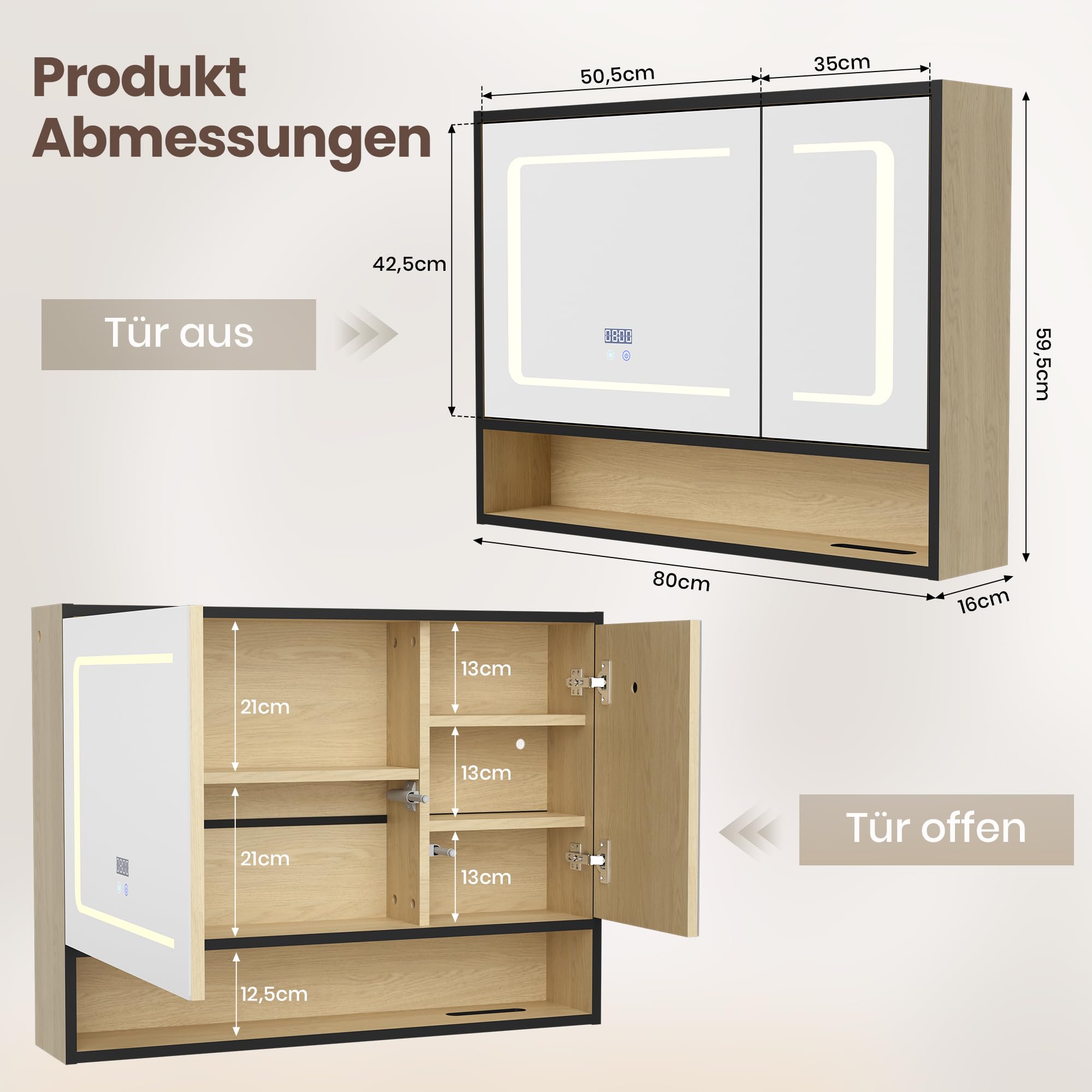 Pamapic Spiegelschrank Bad mit Beleuchtung, Badezimmerschrank mit Entfogging & Zeit und Temperatur Anzeigen, Badezimmer Spiegelschrank mit 3 Farbtemperatur Dimmbare, Hängeschrank,16 x 80 x 60 cm