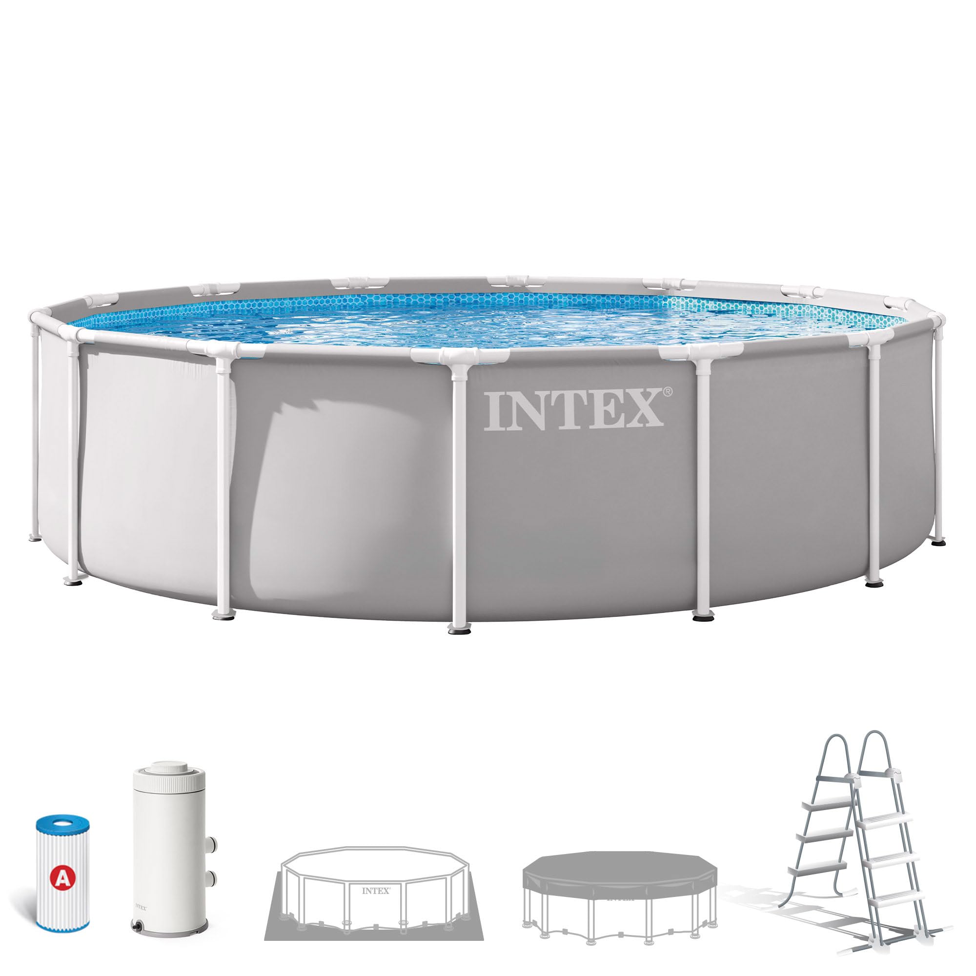 Intex - Piscina Desmontable, Gris, D427x107 cm, Capacidad para 12.706 litros, Escalera, Tapiz, Cobertor, Estructura metálica, Montaje 45 Minutos, Conexiones Ø32 mm (56083)