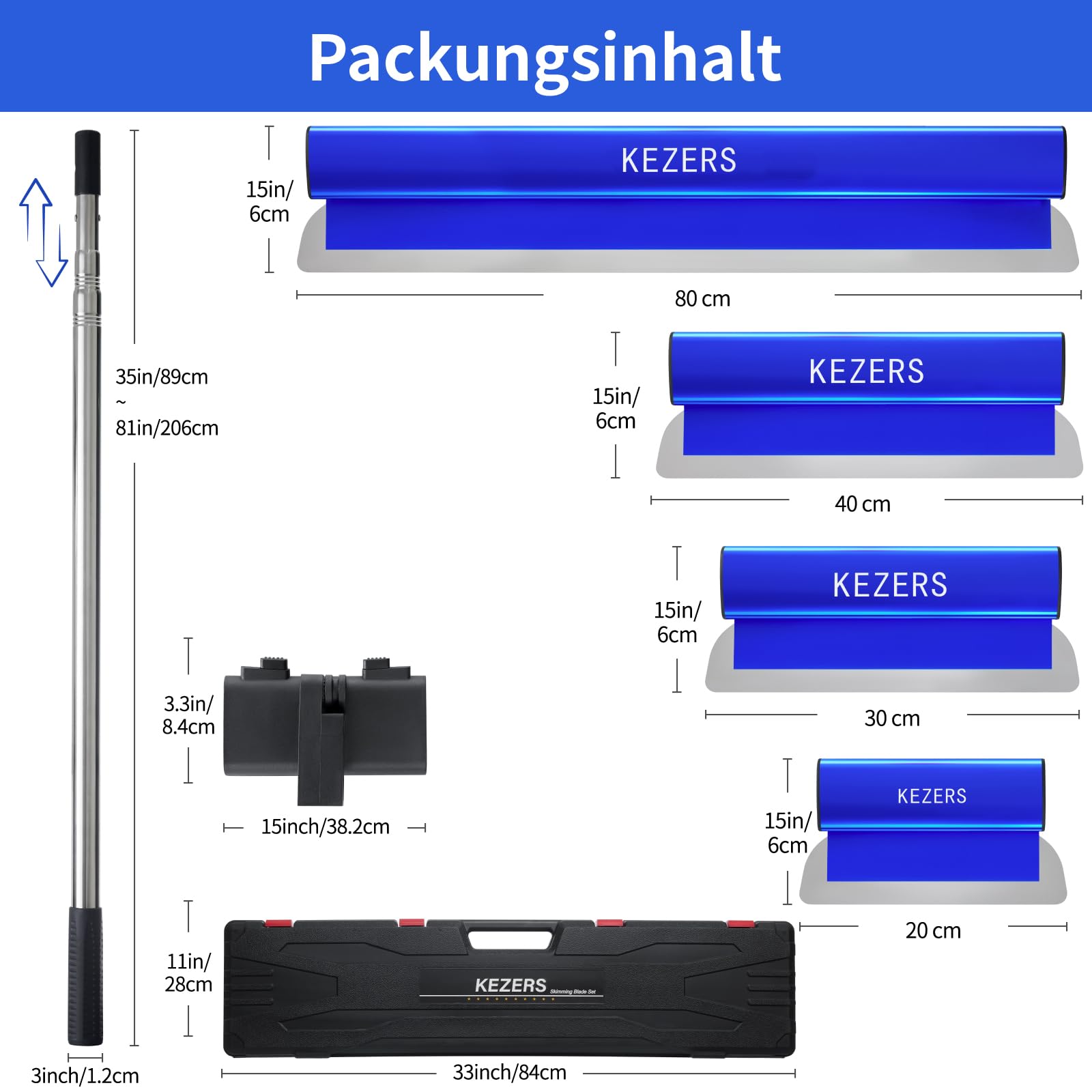 KEZERS Flächenspachtel Set 4-teilig (20 30 40 80cm) | Spachtel Werkzeug im Koffer, Ergonomischer Griff, Teleskopstange, Zum Verputzen von Wänden und Decken
