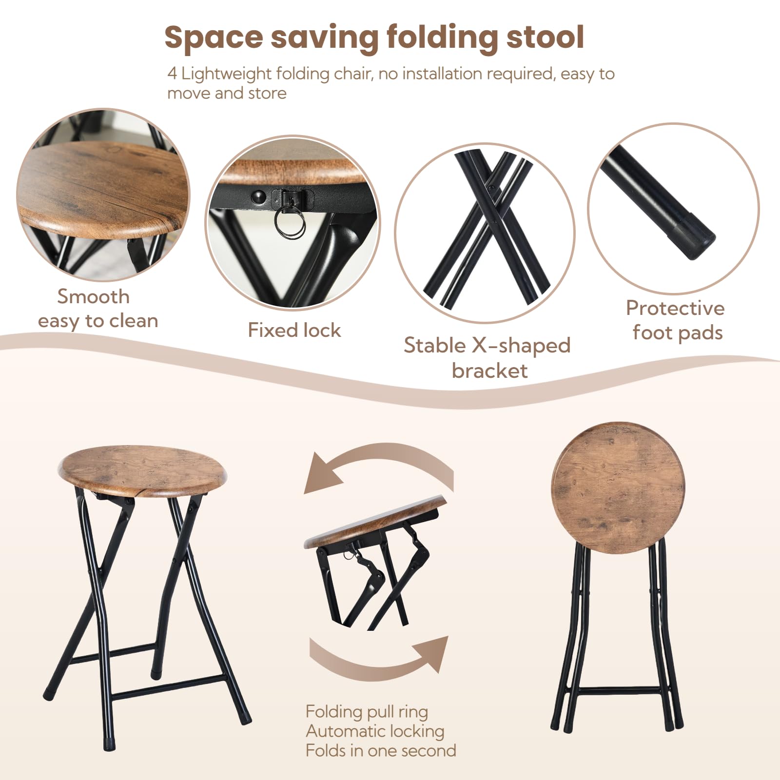 Set Di 4 Sgabello Pieghevole,Sgabello Cucina, Nessun Montaggio Richiesto,Sgabello Pieghevole Portatile,30×30×46 cm, Adatto per Cucina,Bistrot,Giardino e Esterni (Marrone Vintage e Nero)