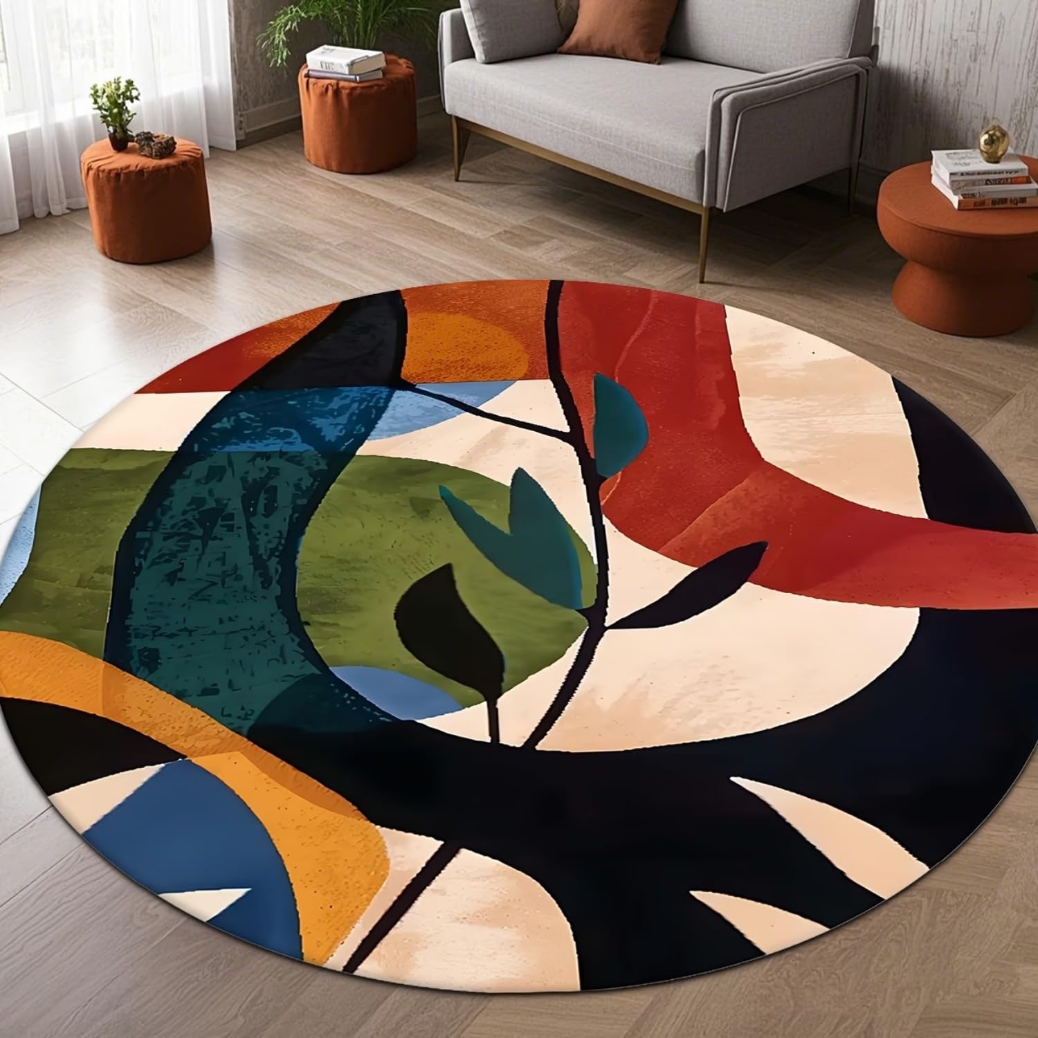 RICAUOU Abstract Rug for Living Rooms, 100x100cm Bohemian Style Geometric Leaf Pattern in Black, Red, Green, and Multicolor Tones, Artistic and Beautiful Carpet Soft, Non-Slip Machine Washable — image 1