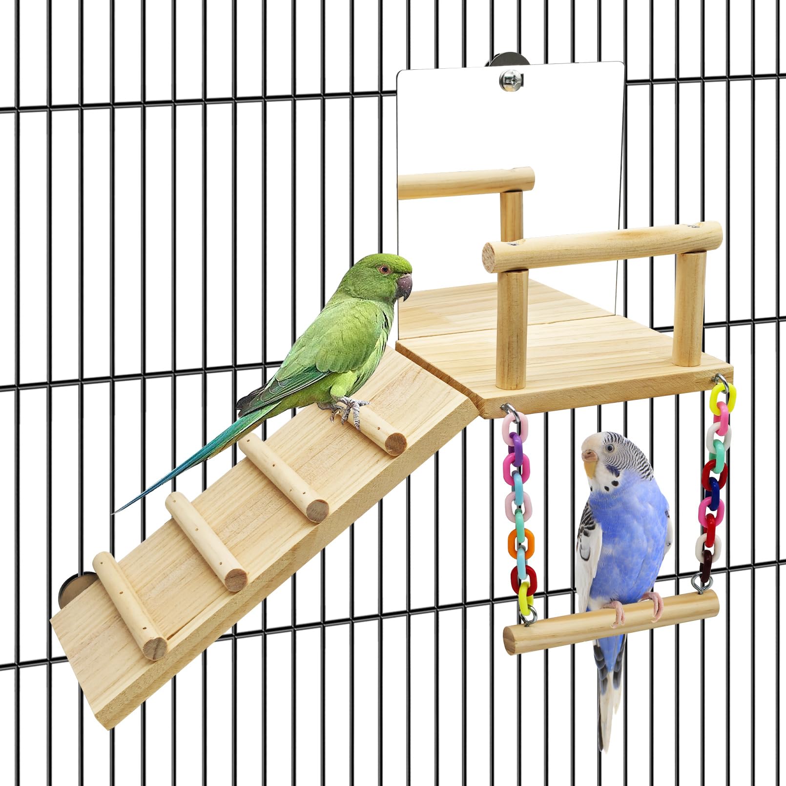 BNOSDM Bird Perch Platform with Mirror, Wooden Climbing Ladder for Parakeet, Small Bird Swing Toys Parrot Cage Accessories Budgie Playground for Cockatiel, Lovebirds, Conures, Finch