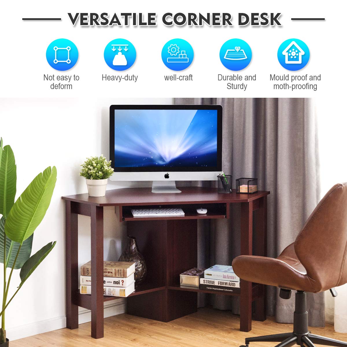 Tangkula Corner Desk, Corner Computer Desk with Smooth Keyboard Tray for Small Space, Triangle