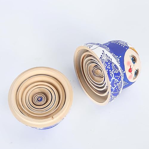 Miniatura 4 de Vermon Muñecas de anidación rusas de 10 capas, muñecas anidables de porcelana azul y blanca con vientre grande, muñecas rusas de madera satinada