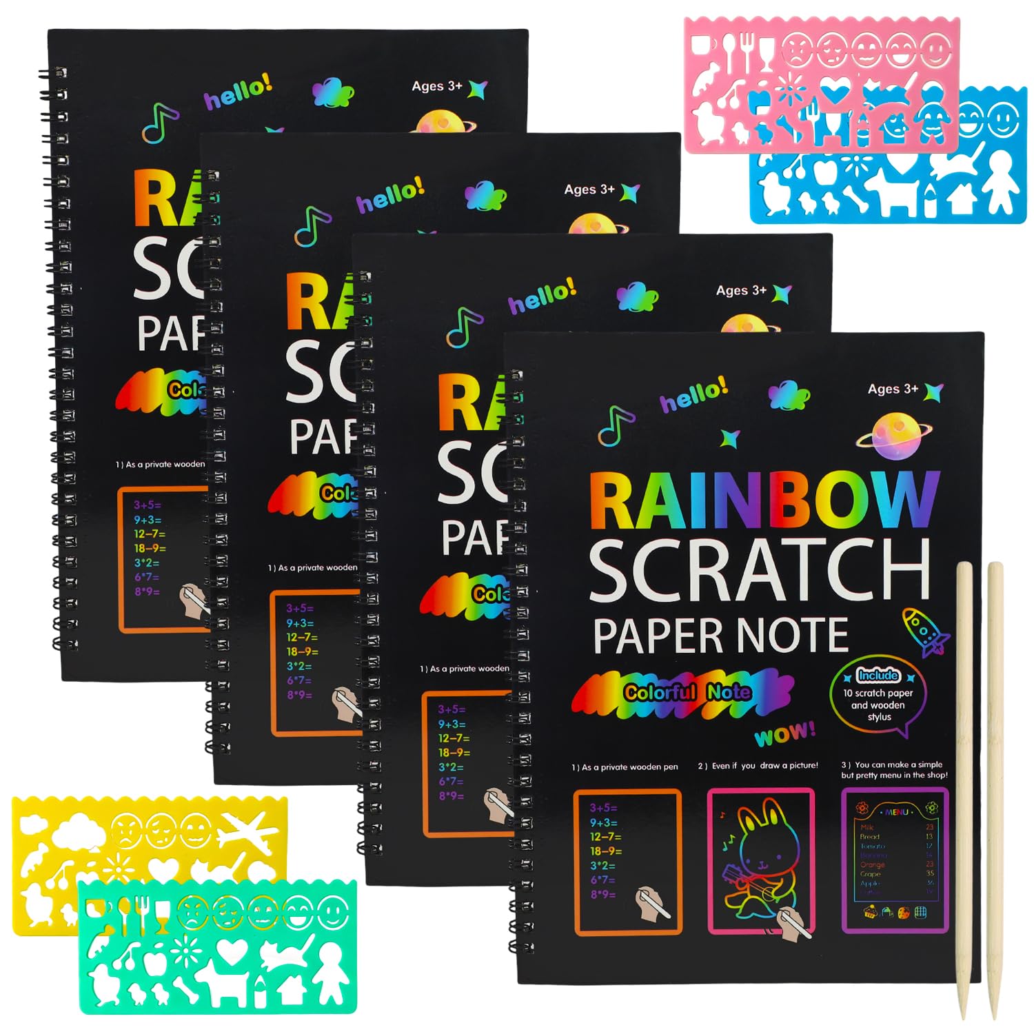 KMFYMPT Scratch Art, 32 Rainbow Scratch Paper, 8 Pattern Drawing Board, 4 Wooden Pen, Suitable as Scratch Art Party Bag Fillers, Ideal Arts and Crafts