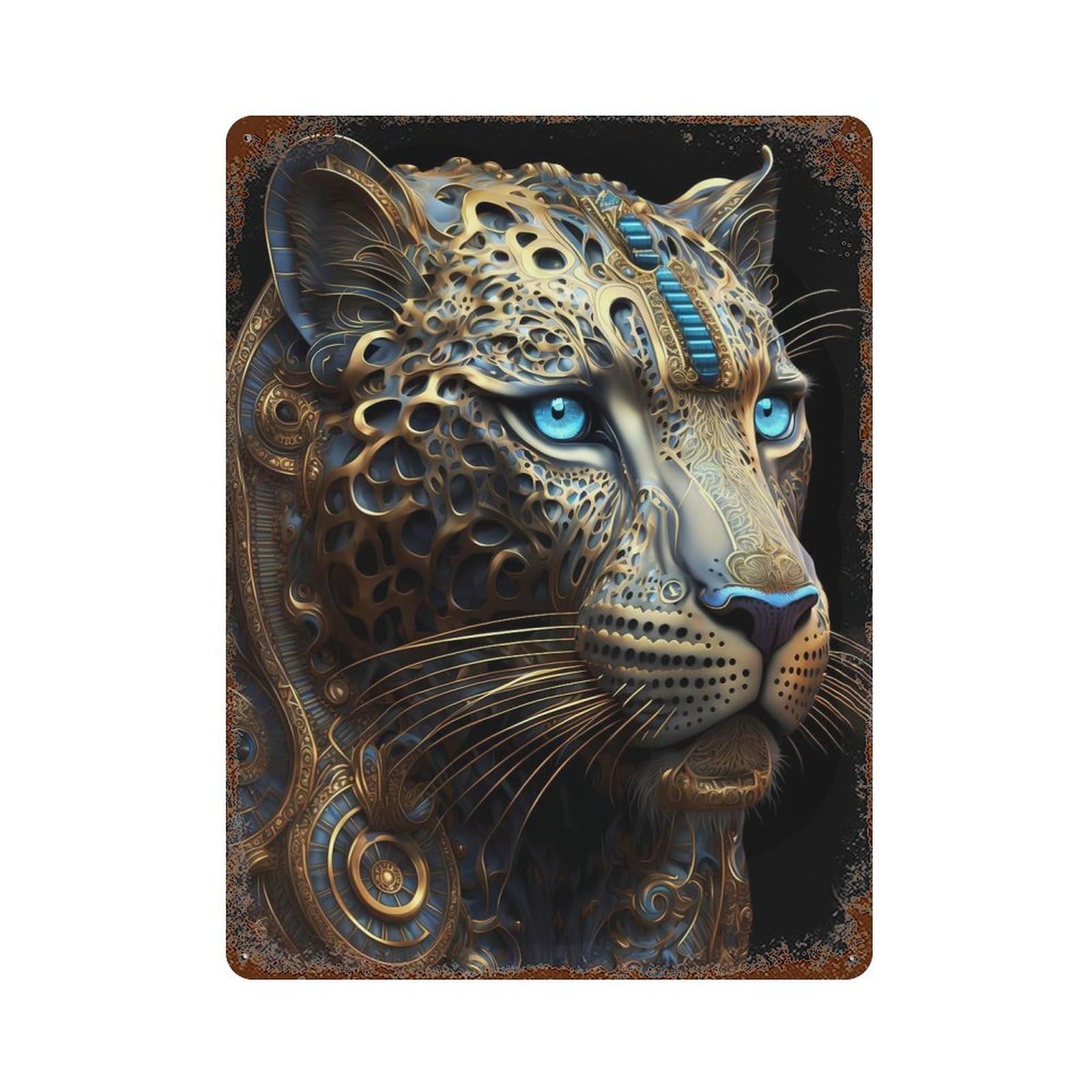 Mystical Cosmic Leopard Rust Effect Tin Sign 15.7"x11.8", Retro Wall Decor for Pub, Kitchen And Man Cave Decor