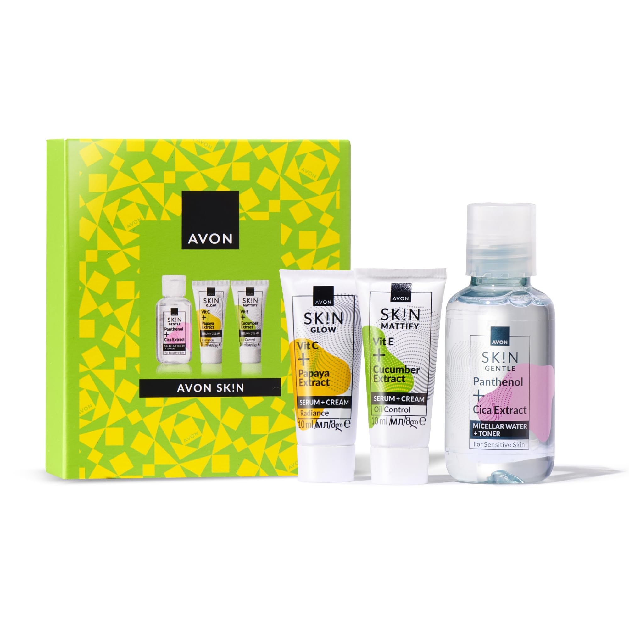 AVON Skin Minis Gift Set, with Glow Serum + Cream 10ml, Mattify Serum + Cream 10ml & Gentle Micellar Water + Toner 50ml, in Gift Box, Radiance-Boosting, Mattifying & Cleansing Skincare