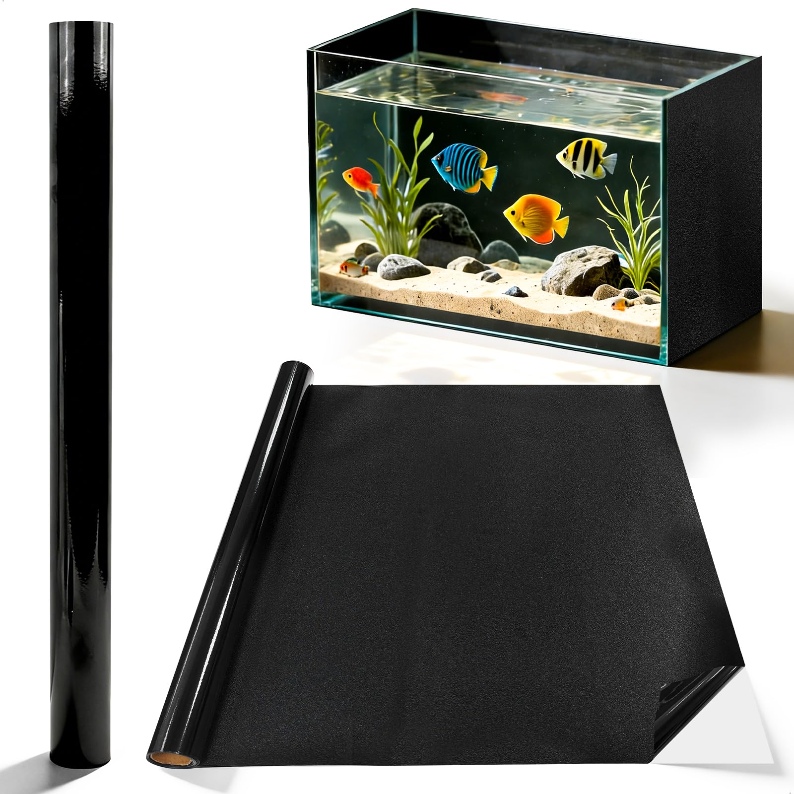 Adesivo Statico Sfondo Acquario 3D, 40 X 200 CM Pellicola Sfondo per Acquario Parete Posteriore Dell' Terrario, Autoadesiva per Pellicola Adesiva Nera Nero PVC Pannello Posteriore Ritagliabile