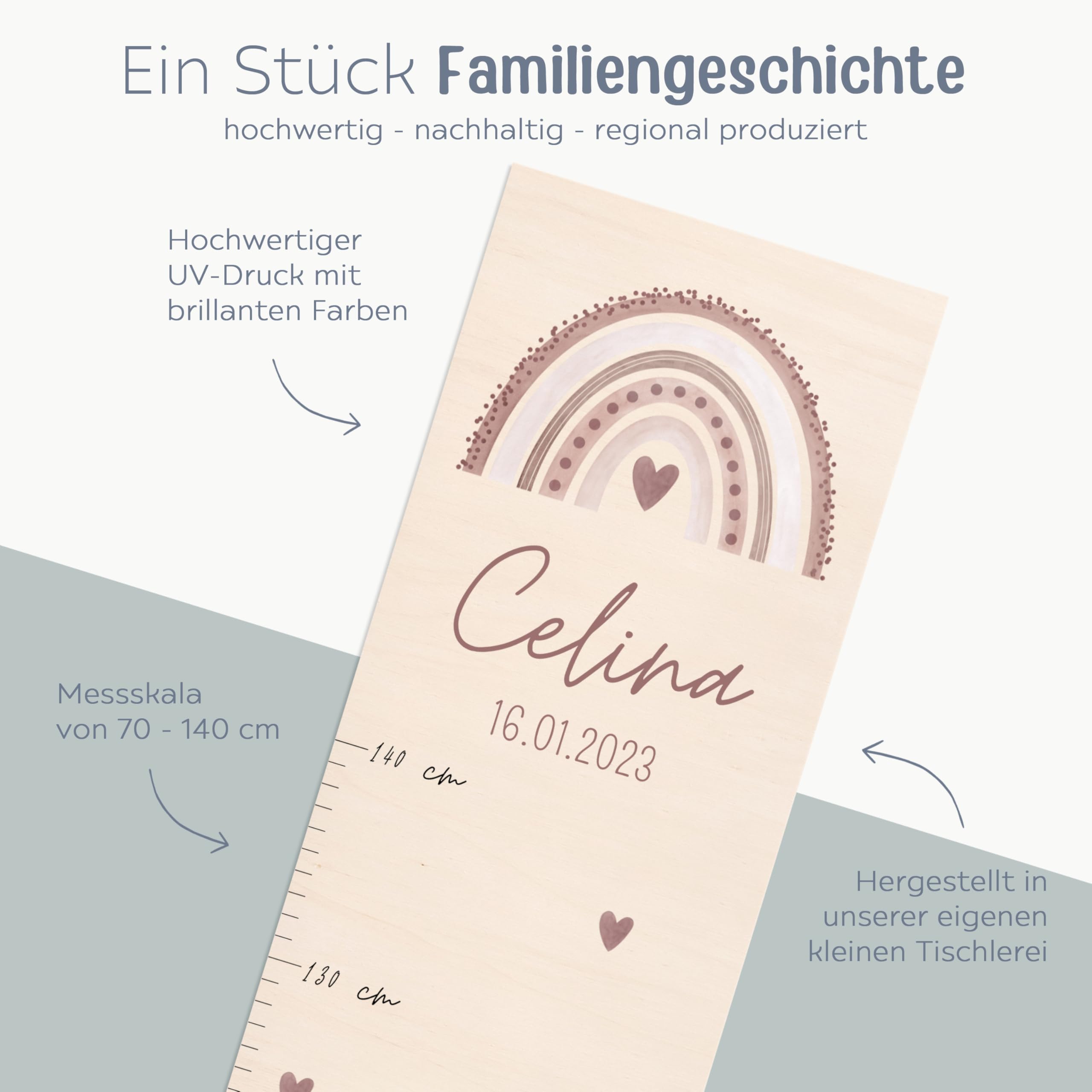 wunderwunsch® - Personalisierte Messlatte Kind Holz zum Kleben oder Aufhängen - Skala 70-140cm - Süße Dekoration für Baby- & Kleinkinderzimmer (rosa)