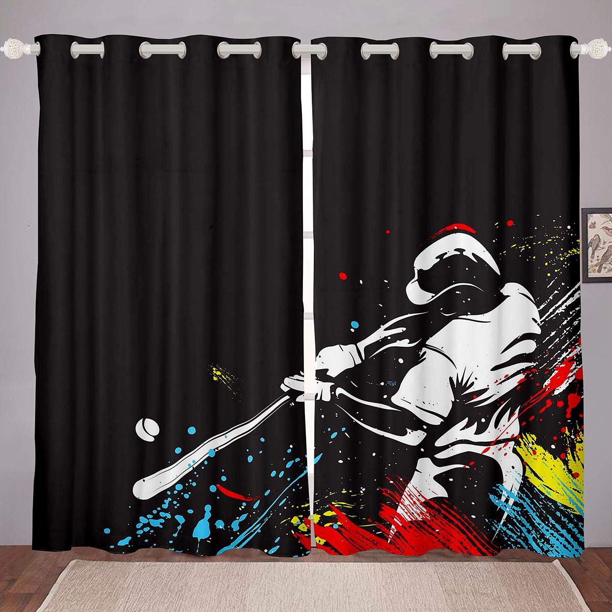 Sports Baseball Curtains for Bedroom Living Room Watercolor Baseball Player Curtains for Kids Boys Teens Colorful Tie Dye Windows Drapes Baseball League Room Decoration,Zipper,W46*L72 โ image 1