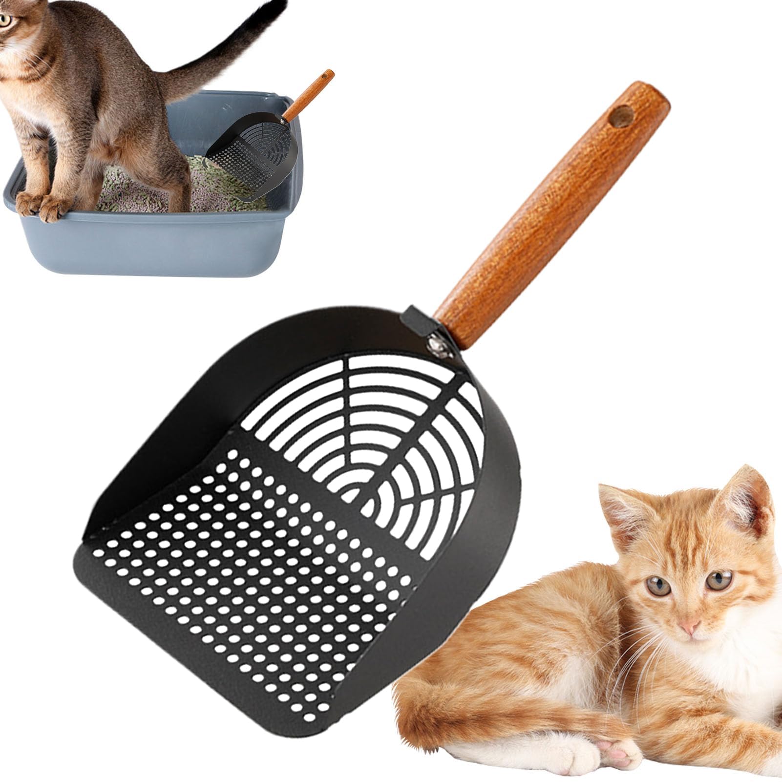 Katzenstreu-Schaufel, Rostfreies Edelstahl-Sieb, tragbares Sieb mit ergonomischem, langem Griff, Haustierzubehör(Black)