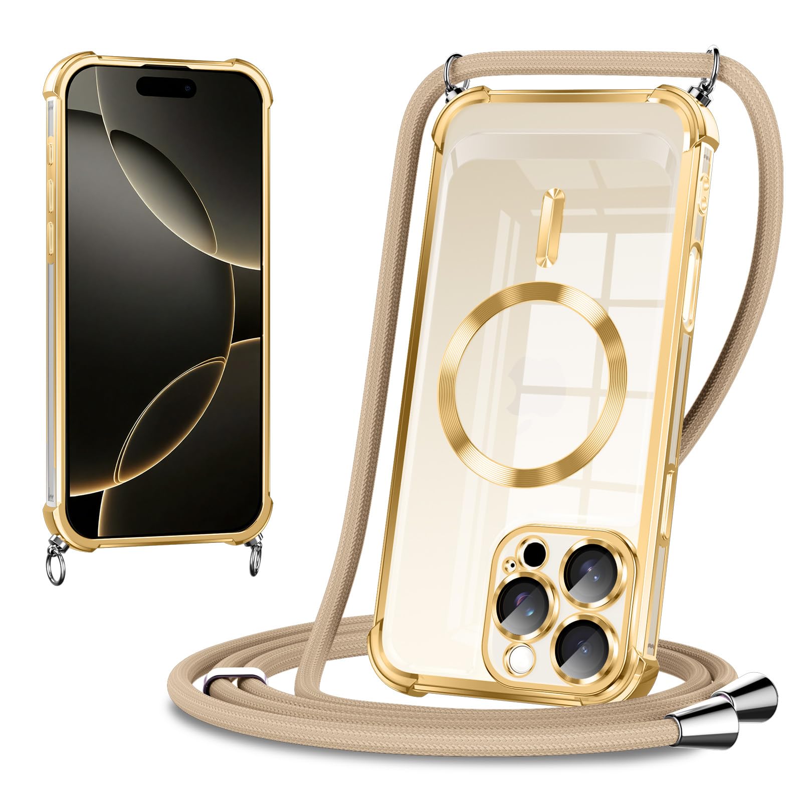 Zelaxy Cover Magnetica Per IPhone 16 Pro Max, Trasparente Antigiallo Con Pulsanti In Metallo, Protezione Lenti E Vetro Incluso - Oro - 6