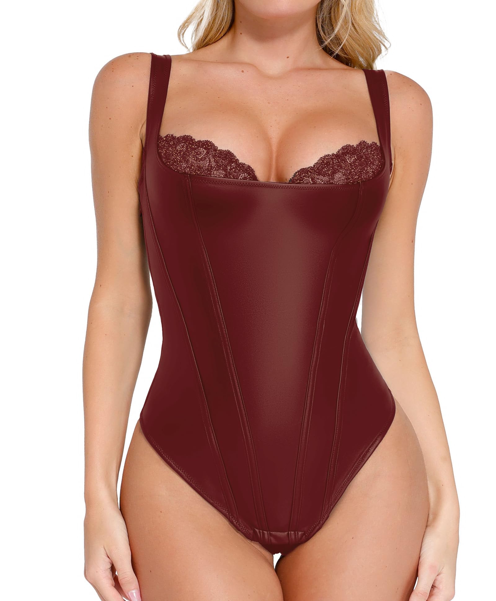 Popilush Faux Leather Shapewear Bodysuit Lace Body Suits for Womens Tummy Control Corset Tops Thong Body Shaper