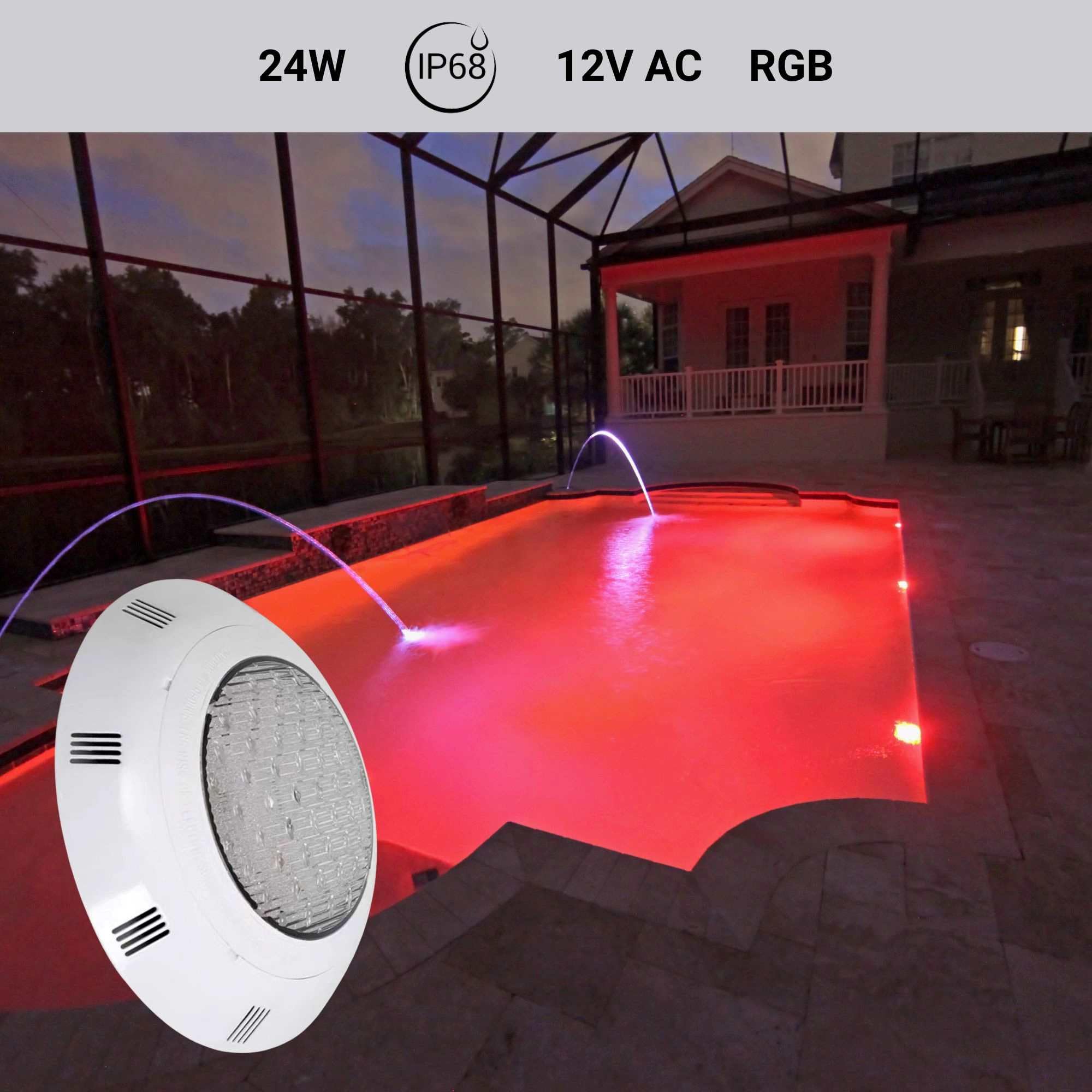 BARCELONA LED Foco LED para piscina RGB 24W 12V AC Sumergible con mando a distancia IP68 Luz de colores para piscinas, fuentes y áreas acuáticas, montaje en superficie, alta durabilidad y eficiencia