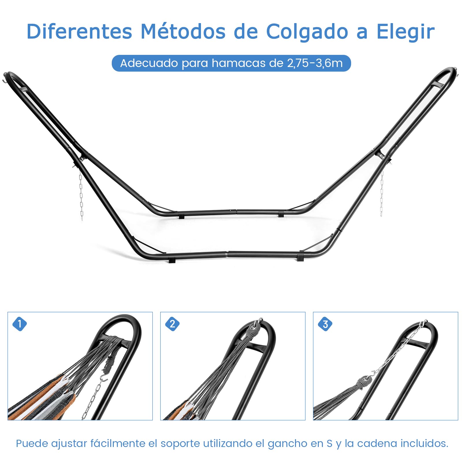 RELAX4LIFE Soporte Hamaca con 2 Ganchos y 2 Cadenas Ajustables, Soporte para Hamaca 2,75-3,6m de Largo con 4 Pies de Plástico para Jardín, Terraza y Salón, Carga 200kg, 280x90x115cm, Negro