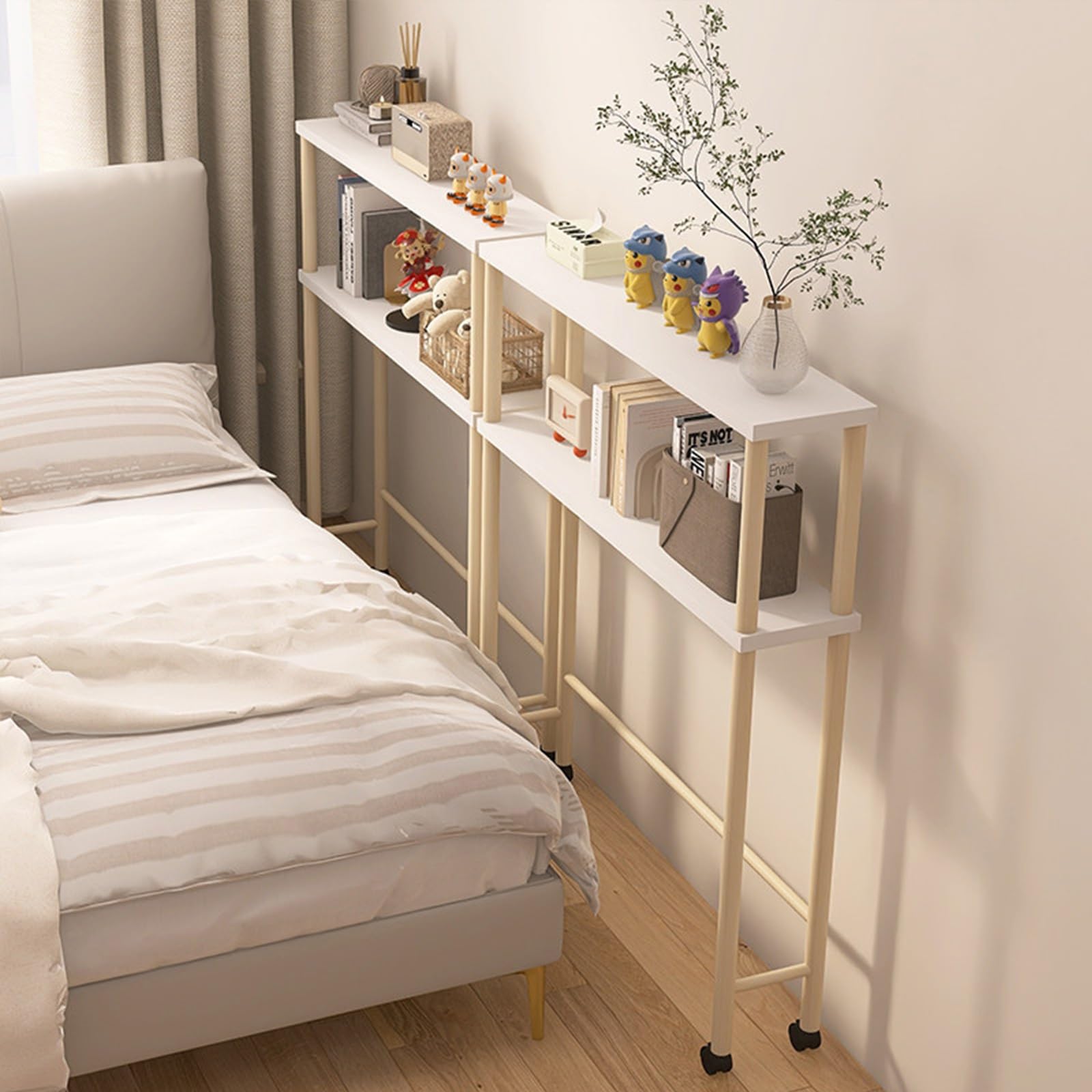 Dwuwarstwowa Półka Nad Łóżkiem z Kółkami, Mobilny Wielofunkcyjny Organizer do Sypialni, Boczny Narożnik Sofy i Stół Jadalny(120x20x107cm/47x7x42in)