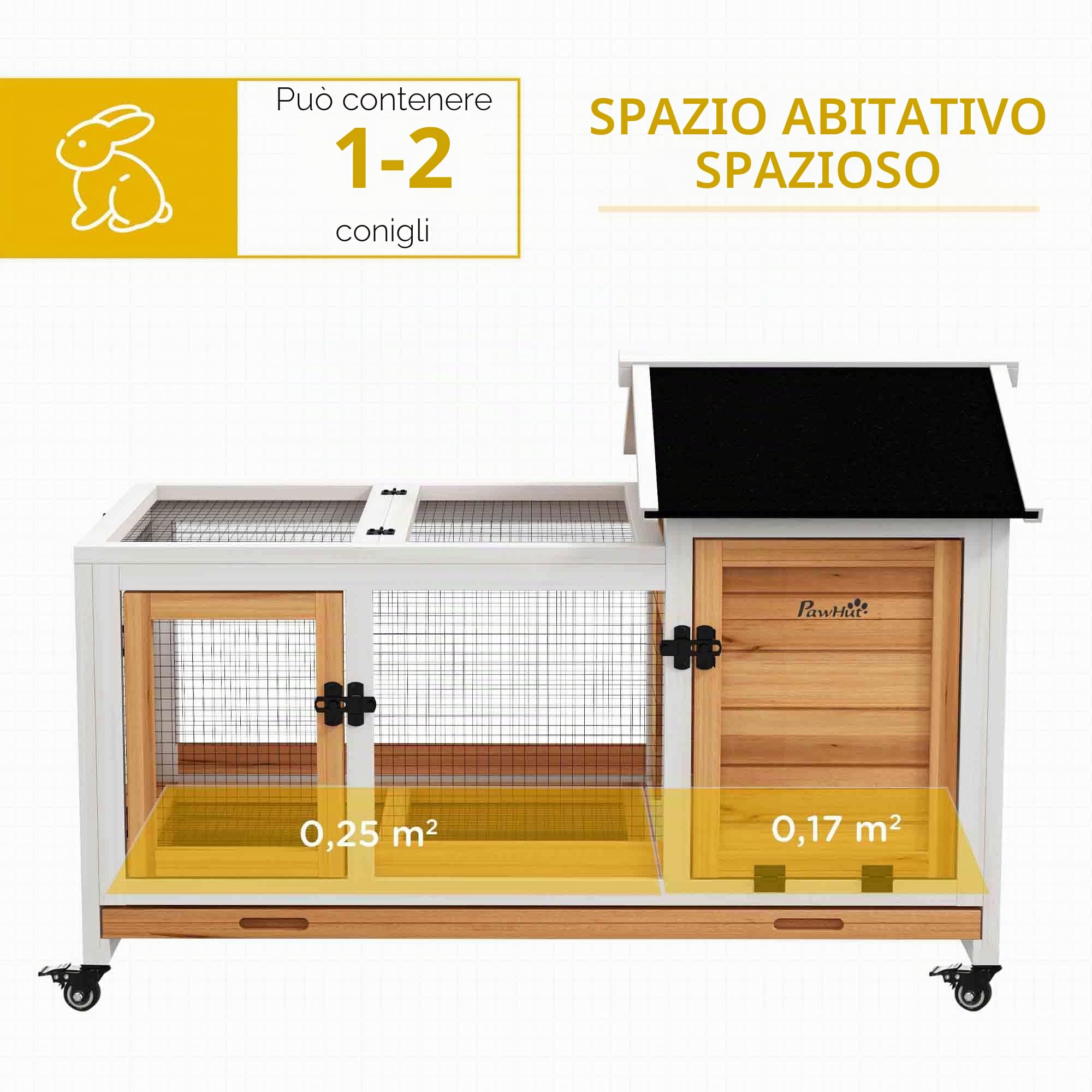 PawHut Conigliera su ruote 2 porte con serratura e cassetto per gli escrementi - dim. 108L x 58L x 73,5H cm - legno giallo