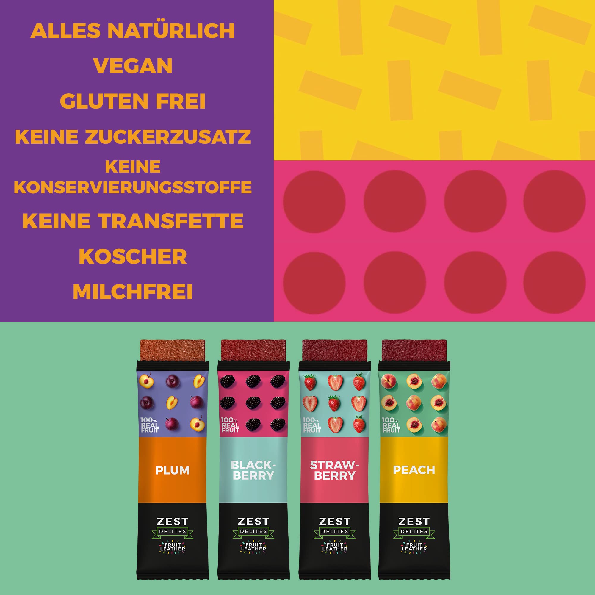 Zest Delites Fruchtriegel Süßigkeiten, Glutenfreie Lebensmittel, Zuckerfreie Süssigkeiten, Getrocknete Früchte, Gesunde Snacks, 25 g Packung mit 36 Stück Erdbeere, Brombeere, Aprikose, Pflaume