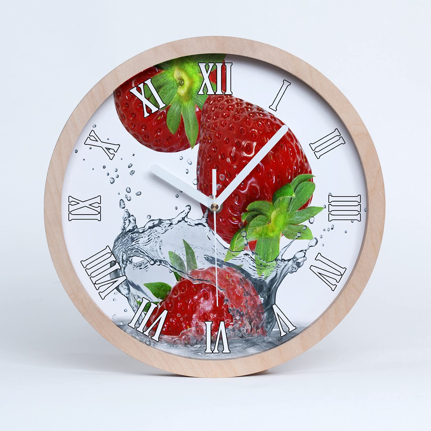 Tulup Holzuhr Wanduhr ⌀ 30cm Uhr Holz Stille Uhren Modern Runde Dekoration Weiße Uhrzeiger - Erdbeeren und Wasser