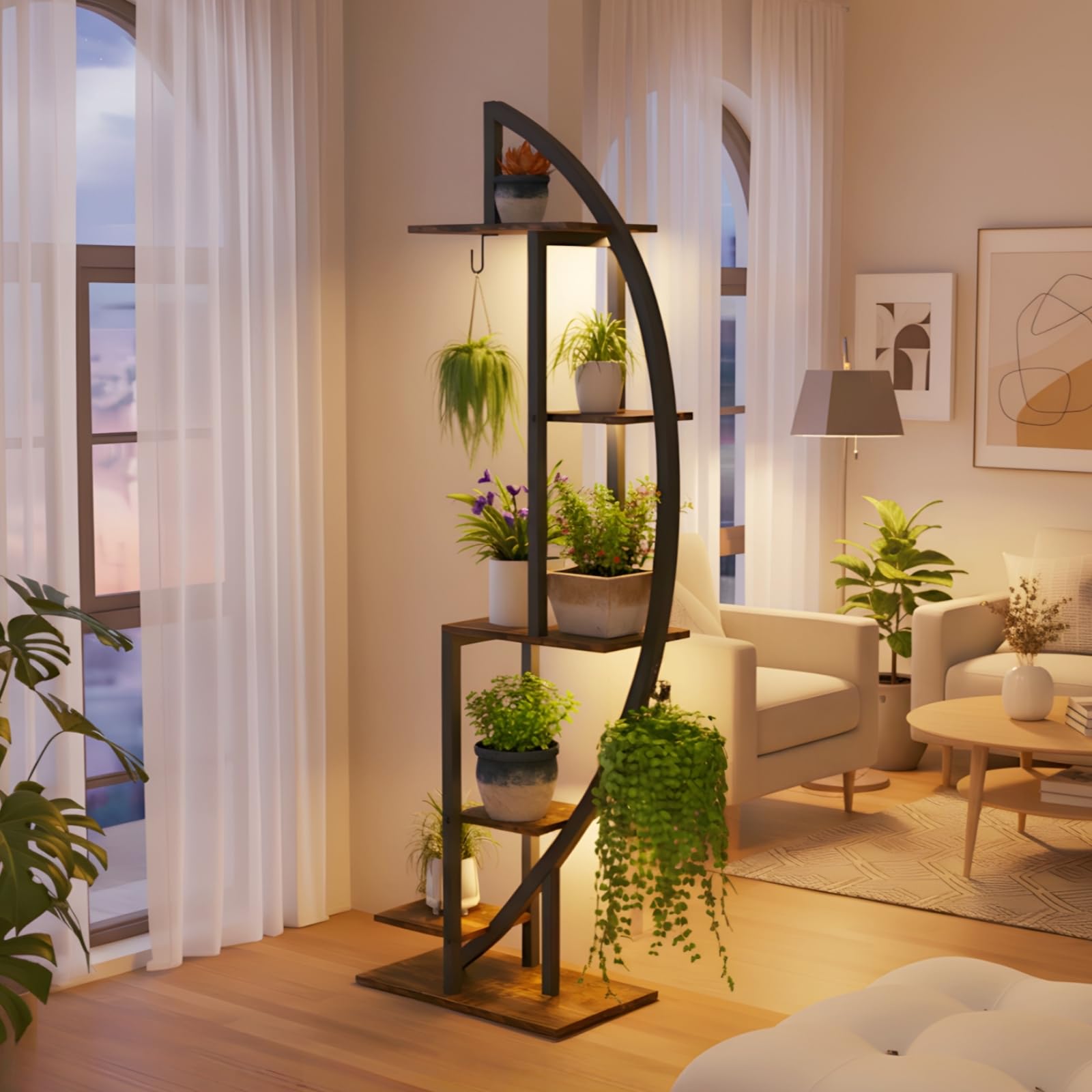 6 Ebenen Pflanzenständer mit Wachstumslicht, Großes Blumenständer 160cm Hoch, Metall-Holz Pflanzenregal Indoor & Outdoor Blumenregal für Wohnzimmer Balkon Flur, 50 x 30 x 160 cm