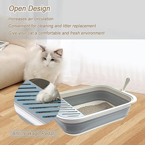 Miniatura 6 de Caja de arena plegable para gatos, bandeja abierta para gatitos con cuchara, inodoro para gatos con pedal de arena que cae, entrada baja, plegable,