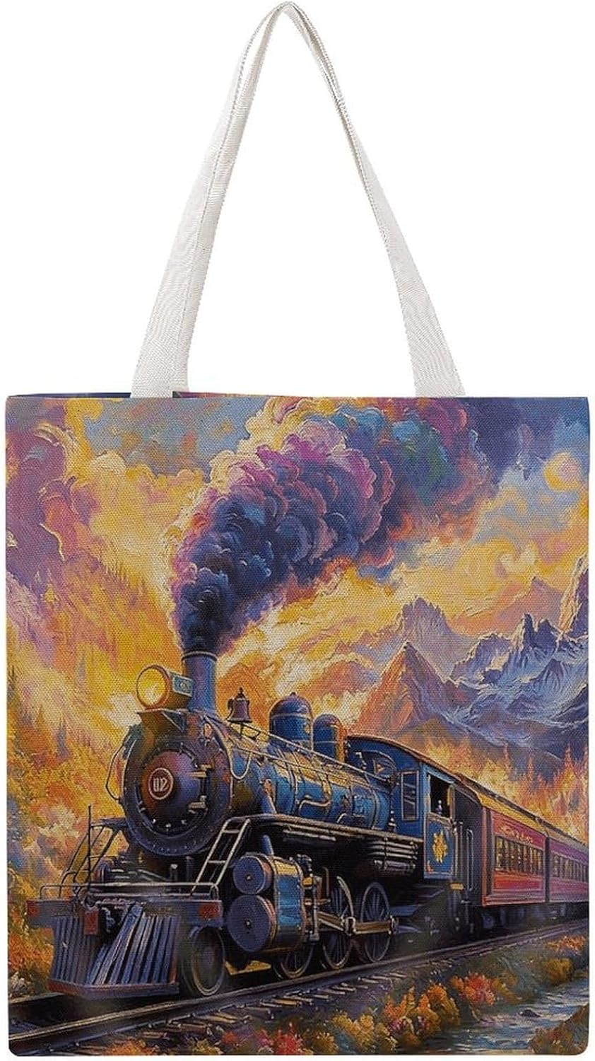 Steam Train Scenery Canvas Tote Bag Reusable Grocery Bags Foldable Soft Cotton Shoulder Carry Bag