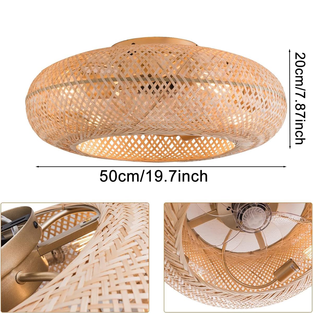 Ventilateur de Plafond Rétro E27 avec Lumière et Télécommande Silencieux Tissage Bambou Rotin Naturel pour Salon Chambre