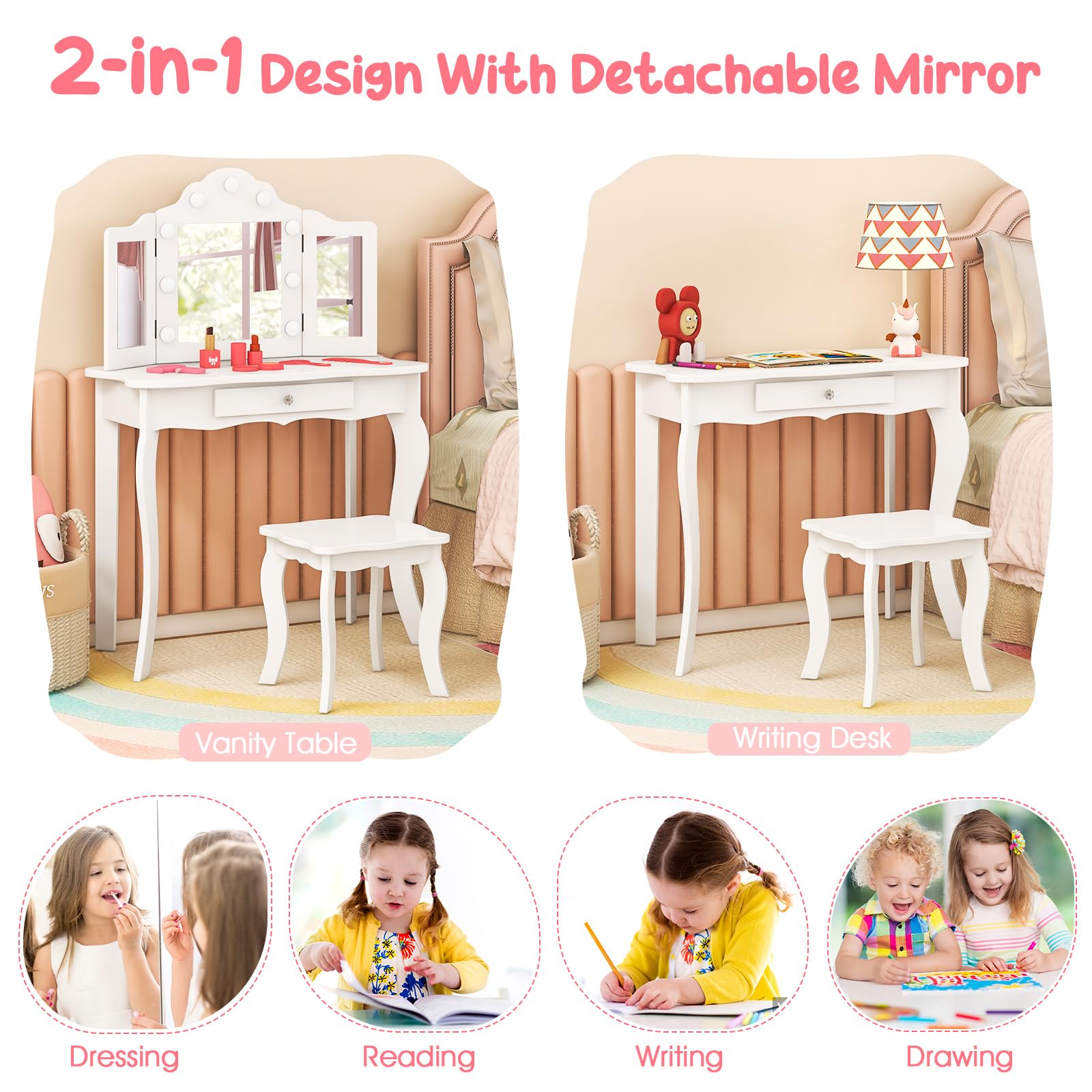 LIFEZEAL toeletta 2 in 1 per bambini con sgabello e cassetto, tavolo da trucco BIMBI con triplo specchio e 9 luci a LED in 3 modalità, antiribaltamento per Ragazzi dai 3 anni in su (Bianco)